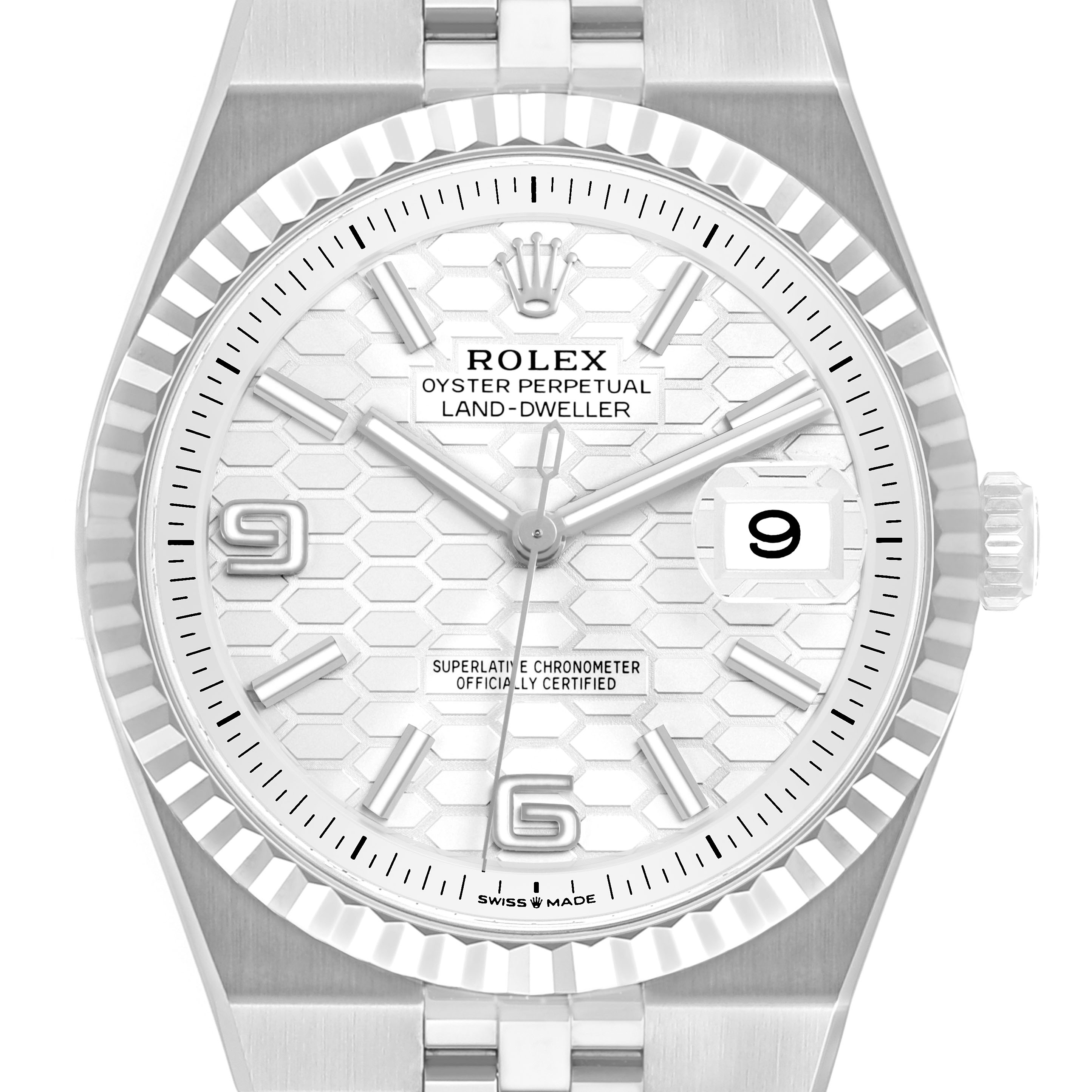 The Rolex Land‑Dweller 127334 Men's Stainless Steel White Dial watch is shown from the front, highlighting the dial, hour markers, hands, and textured bezel.