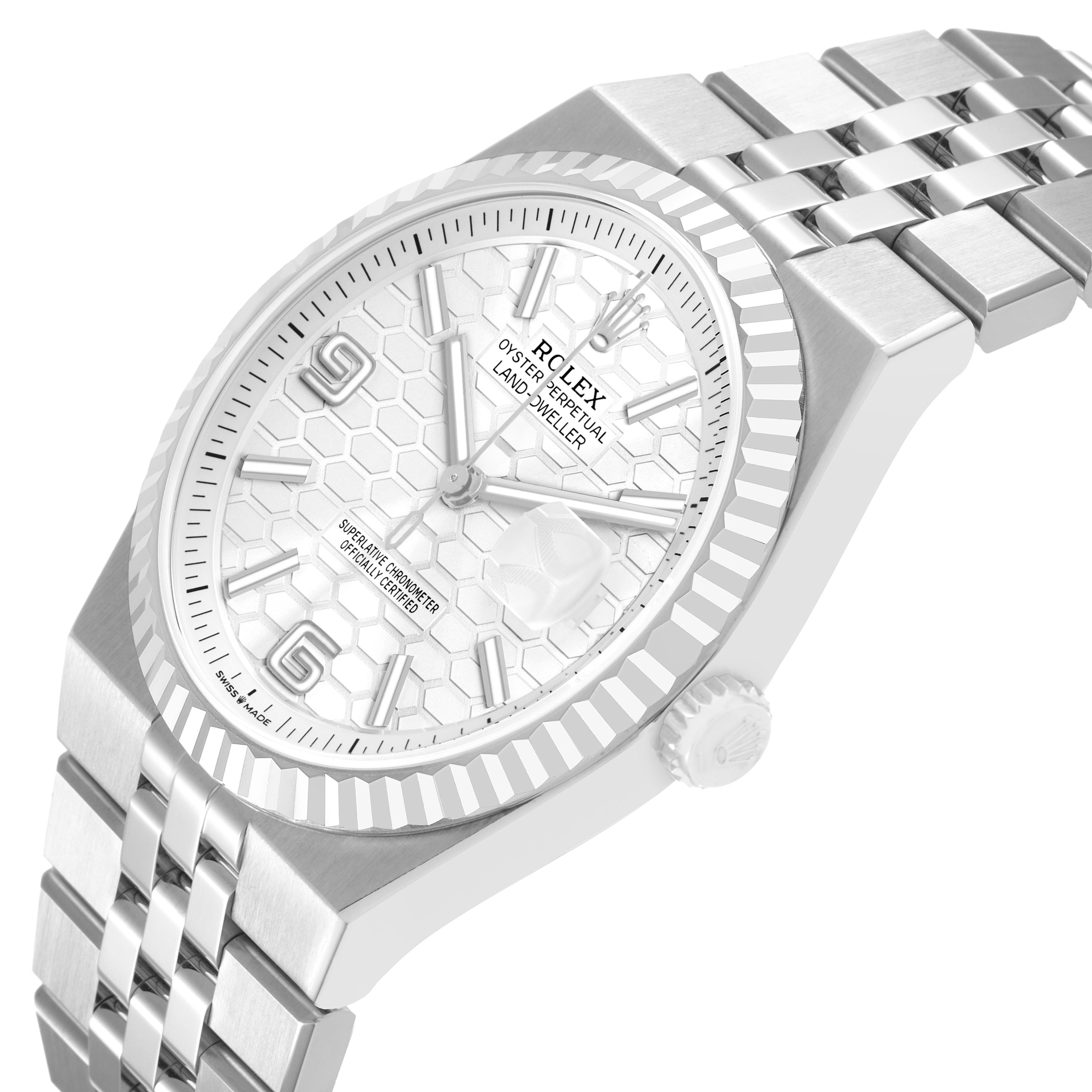 The Rolex Land‑Dweller 127334 Men's Stainless Steel White Dial watch is shown at an angled view, highlighting its face, bezel, and bracelet.