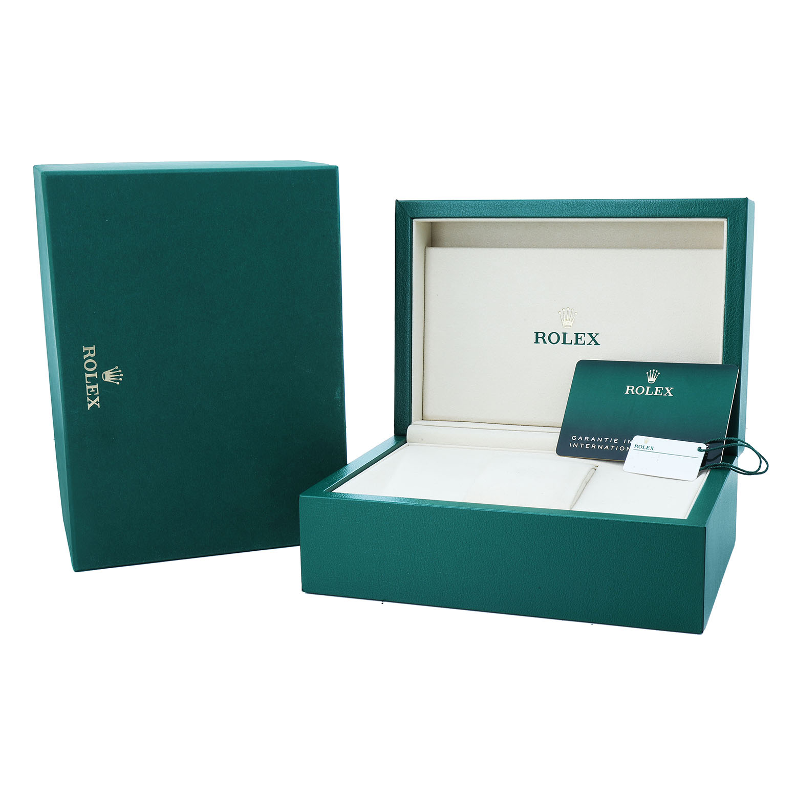 The image shows the open box and card for a Rolex Land‑Dweller 127334 Men's Stainless Steel White Dial watch, featuring a green color theme.