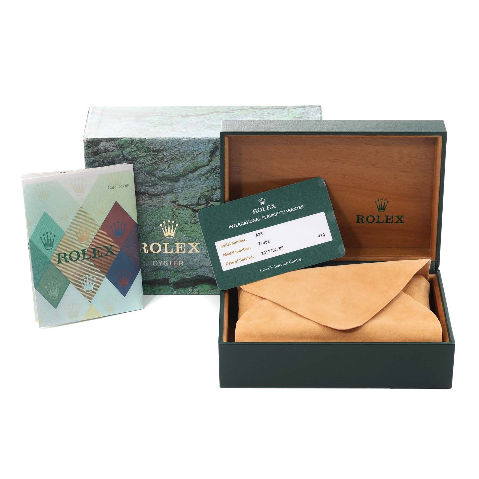 The image shows a Rolex Mid-Size 77483 Women
s Steel and Gold (two tone) Grey Dial 77483 Women
s Steel and Gold (two tone) Grey Dial watch packaging, including a box, booklet, service guarantee card, and a suede pouch.