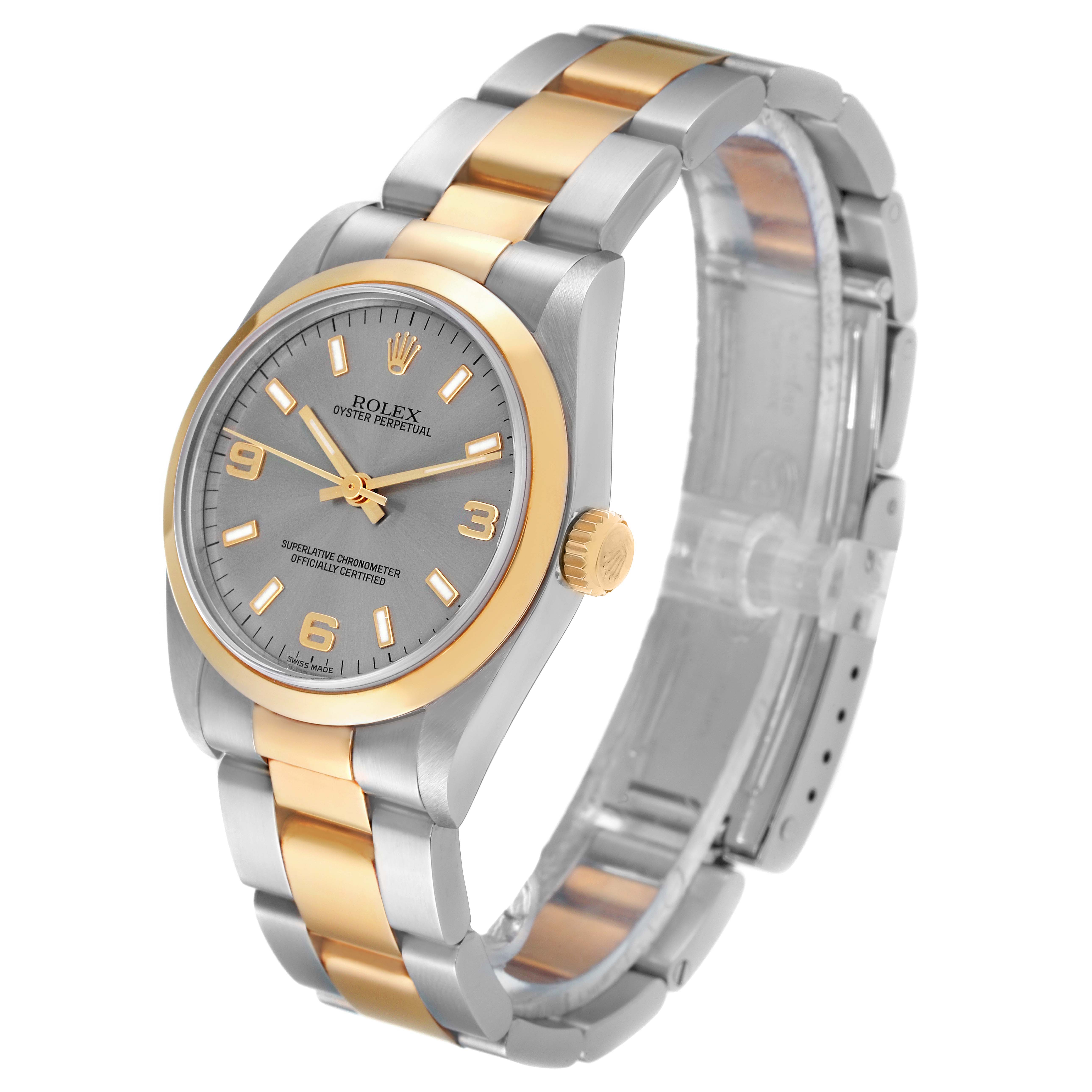 The Mid-Size Rolex model is shown at a slight angle, displaying the watch face, bezel, bracelet, and crown.