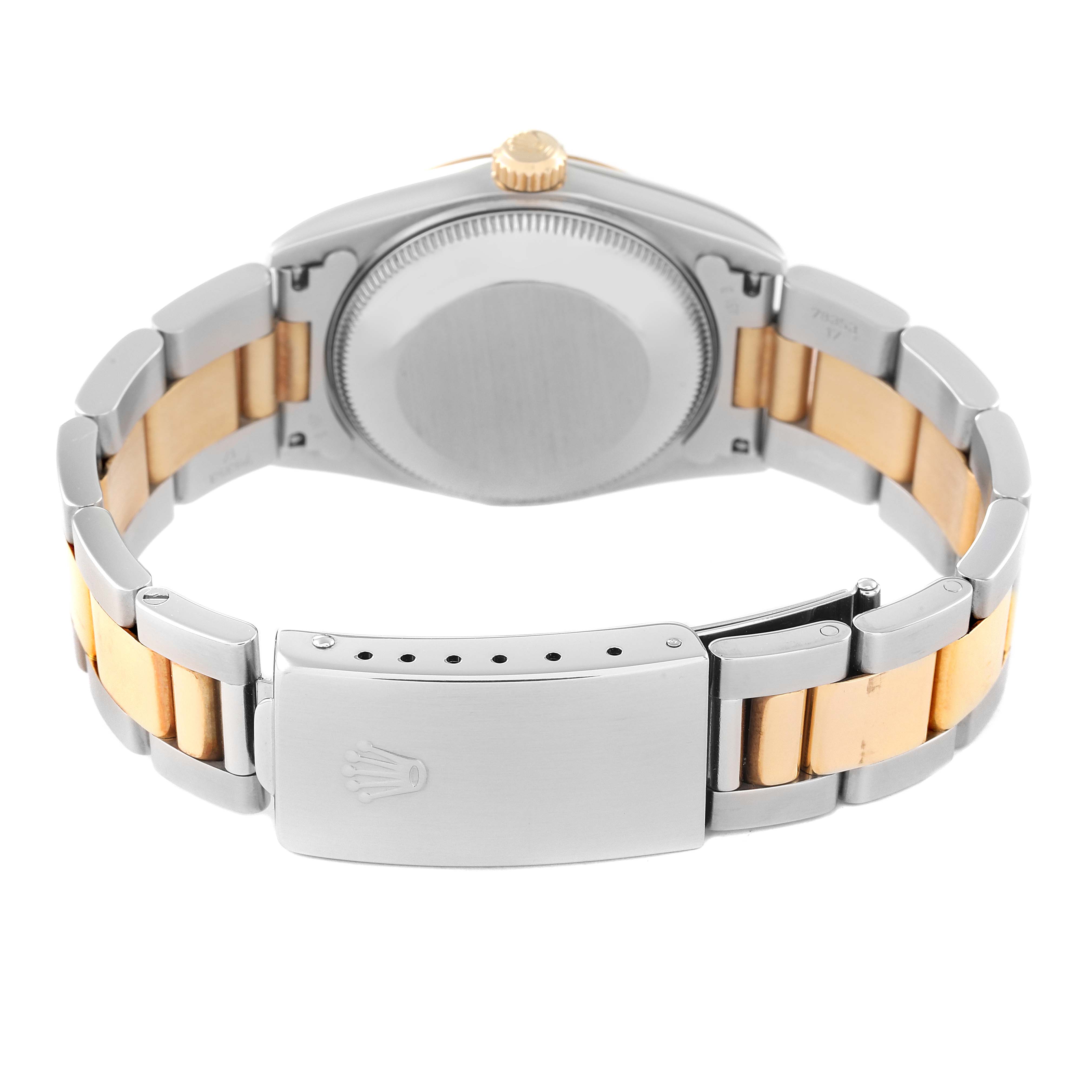 This image shows the back side of a Rolex Mid-Size 77483 Women
s Steel and Gold (two tone) Grey Dial 77483 Women
s Steel and Gold (two tone) Grey Dial model watch, showcasing the clasp and bracelet.