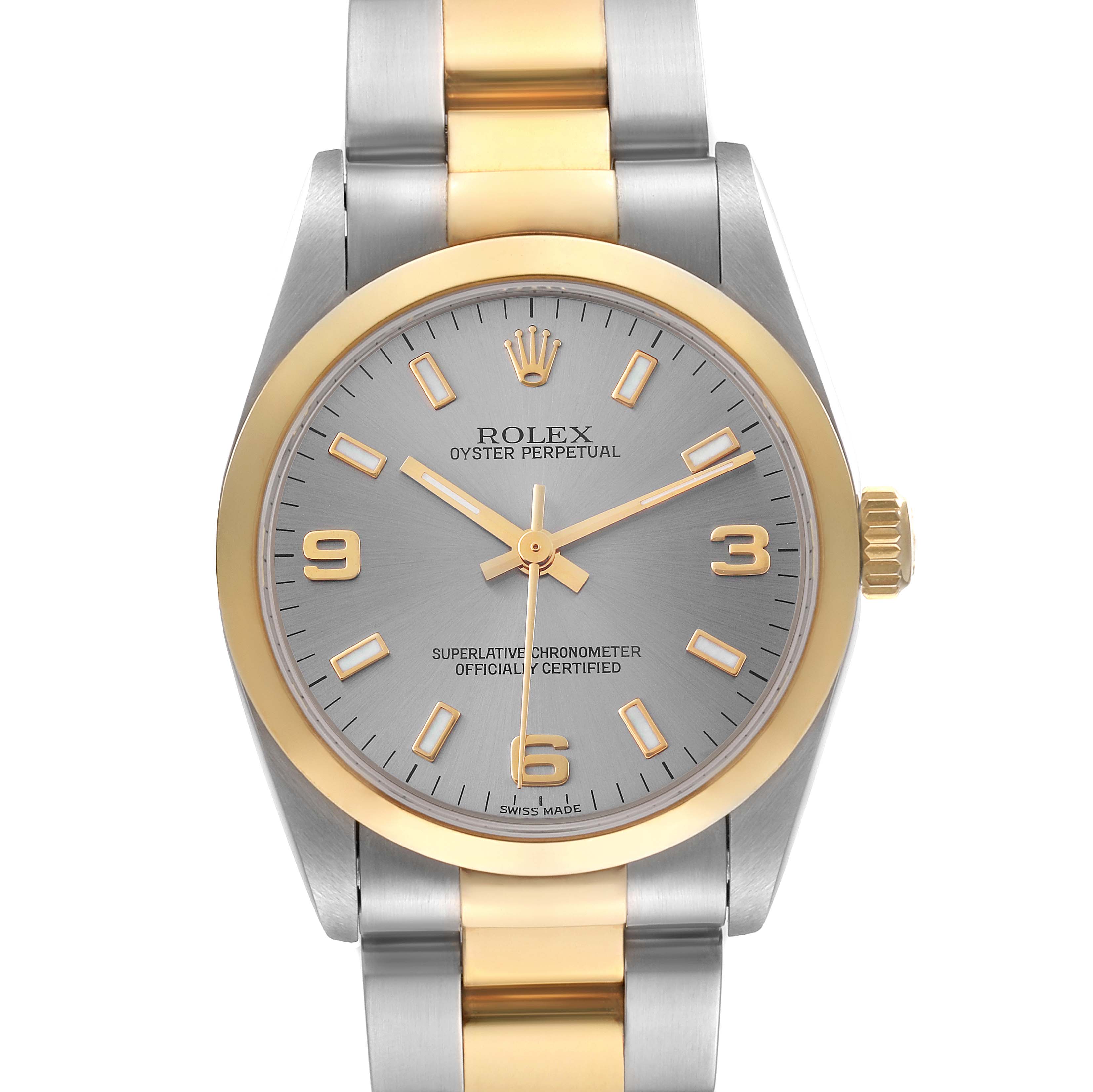 The image shows a front view of a Rolex Mid-Size 77483 Women
s Steel and Gold (two tone) Grey Dial 77483 Women
s Steel and Gold (two tone) Grey Dial Oyster Perpetual watch, highlighting the dial, bezel, and bracelet.