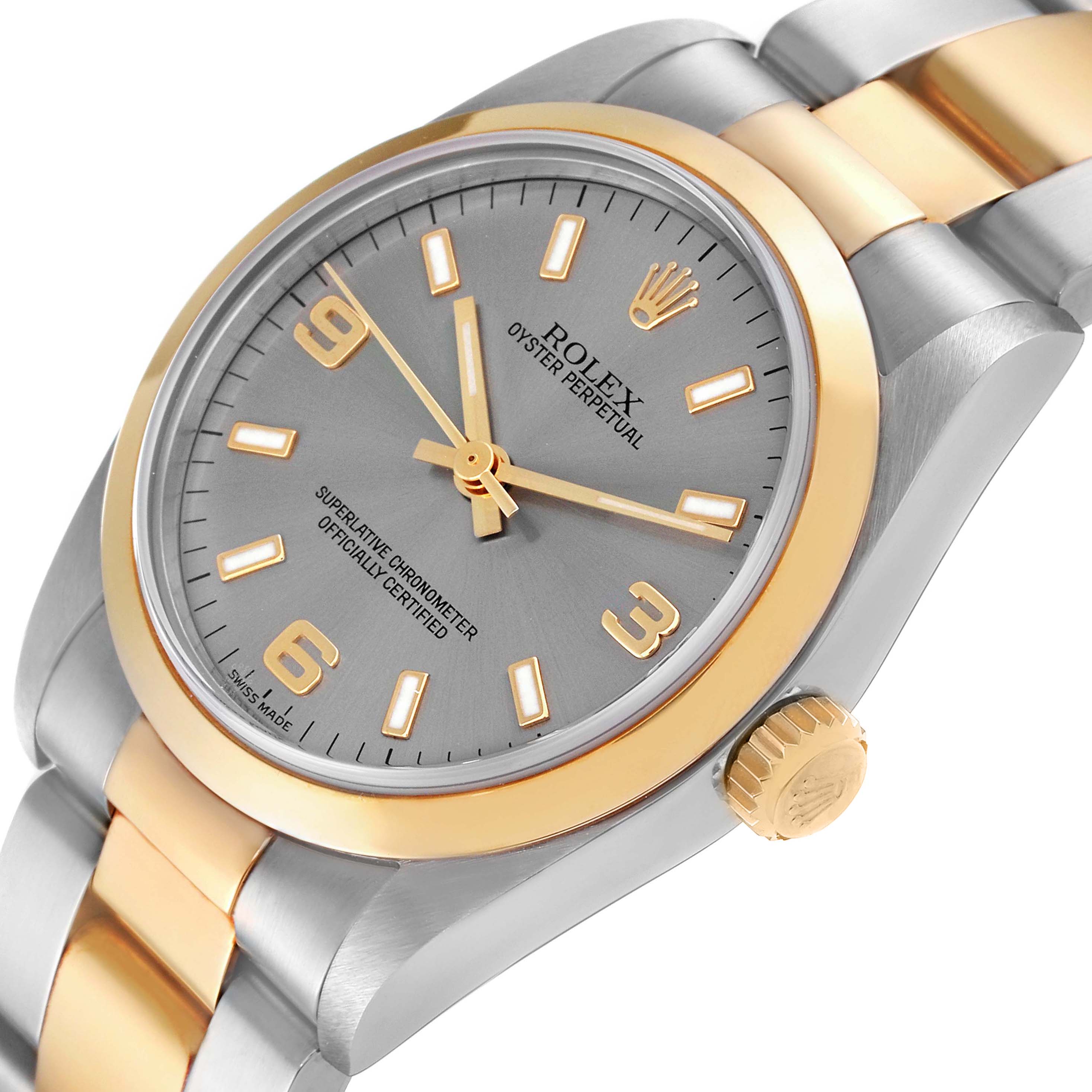 The image shows a close-up of the Rolex Oyster Perpetual Mid-Size watch, displaying its dial, bezel, case, and part of the bracelet.