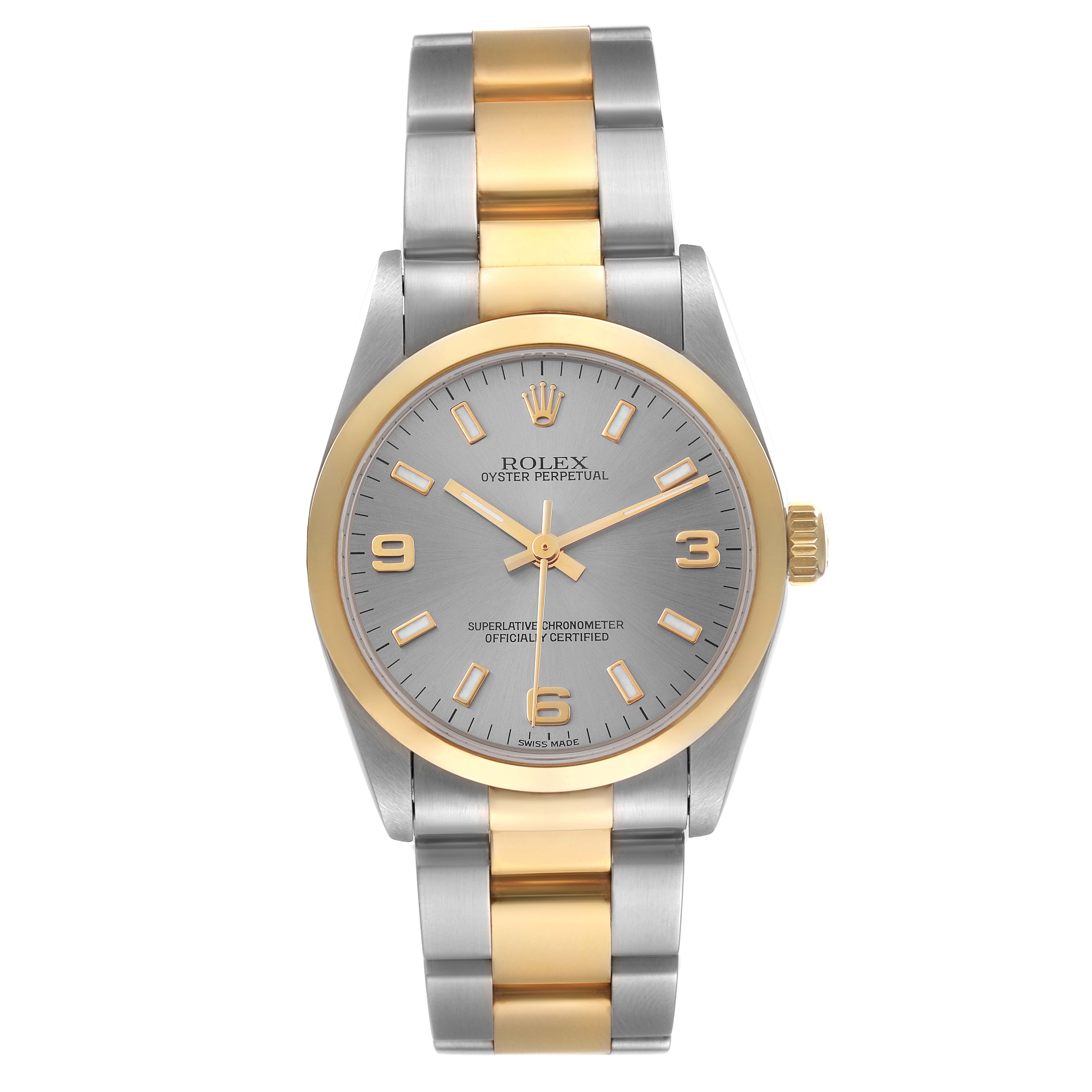 The image shows a front angle of a Rolex Oyster Perpetual Mid-Size watch with a two-tone bracelet and a grey dial.
