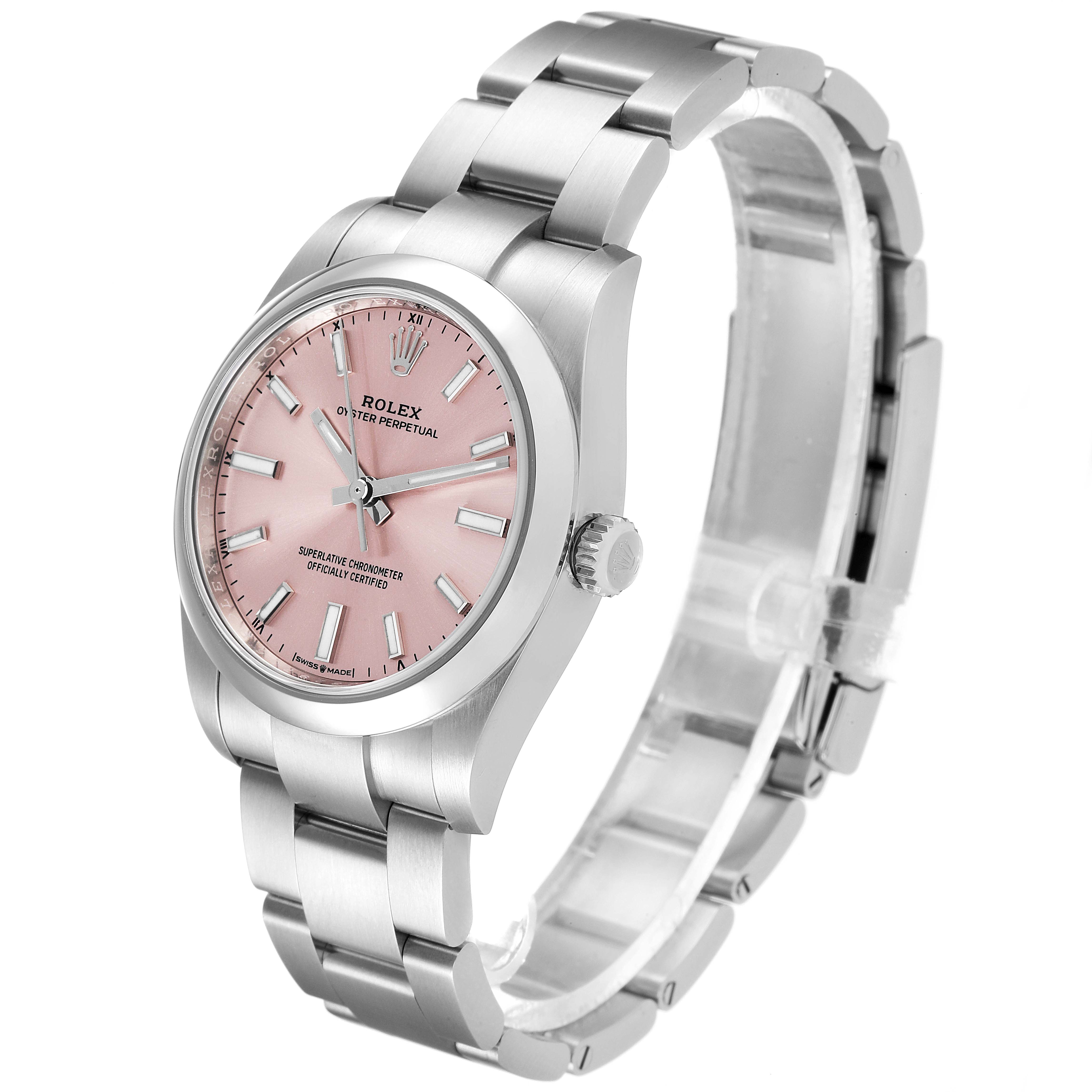The Rolex Oyster Perpetual 124200 Men's Stainless Steel Pink Dial 124200 Men's Stainless Steel Pink Dial watch is shown at a slight angle from the front, displaying its pink dial and stainless steel bracelet.