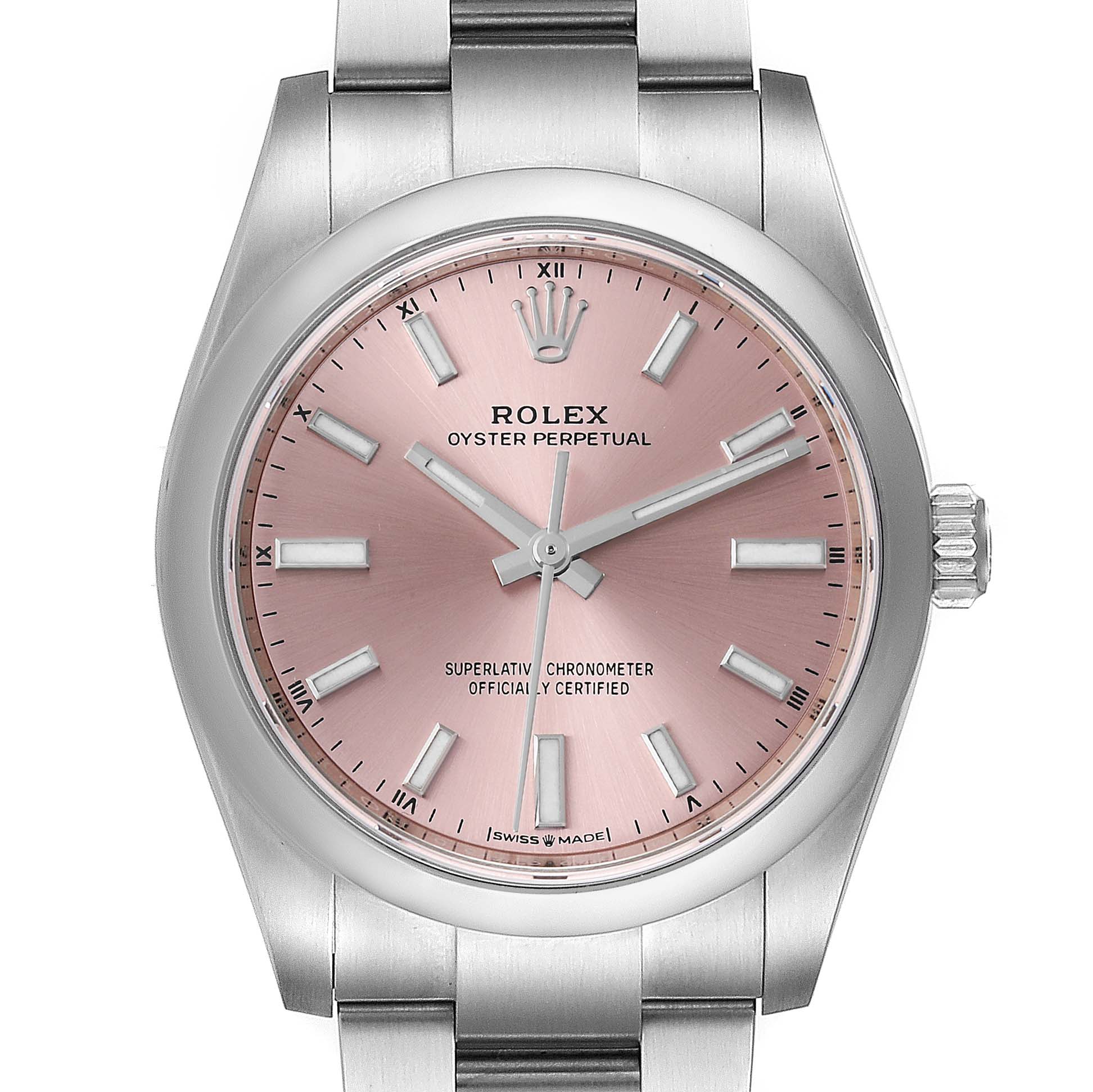 This image shows a front view of the face and part of the bracelet of the Rolex Oyster Perpetual 124200 Men's Stainless Steel Pink Dial 124200 Men's Stainless Steel Pink Dial watch.