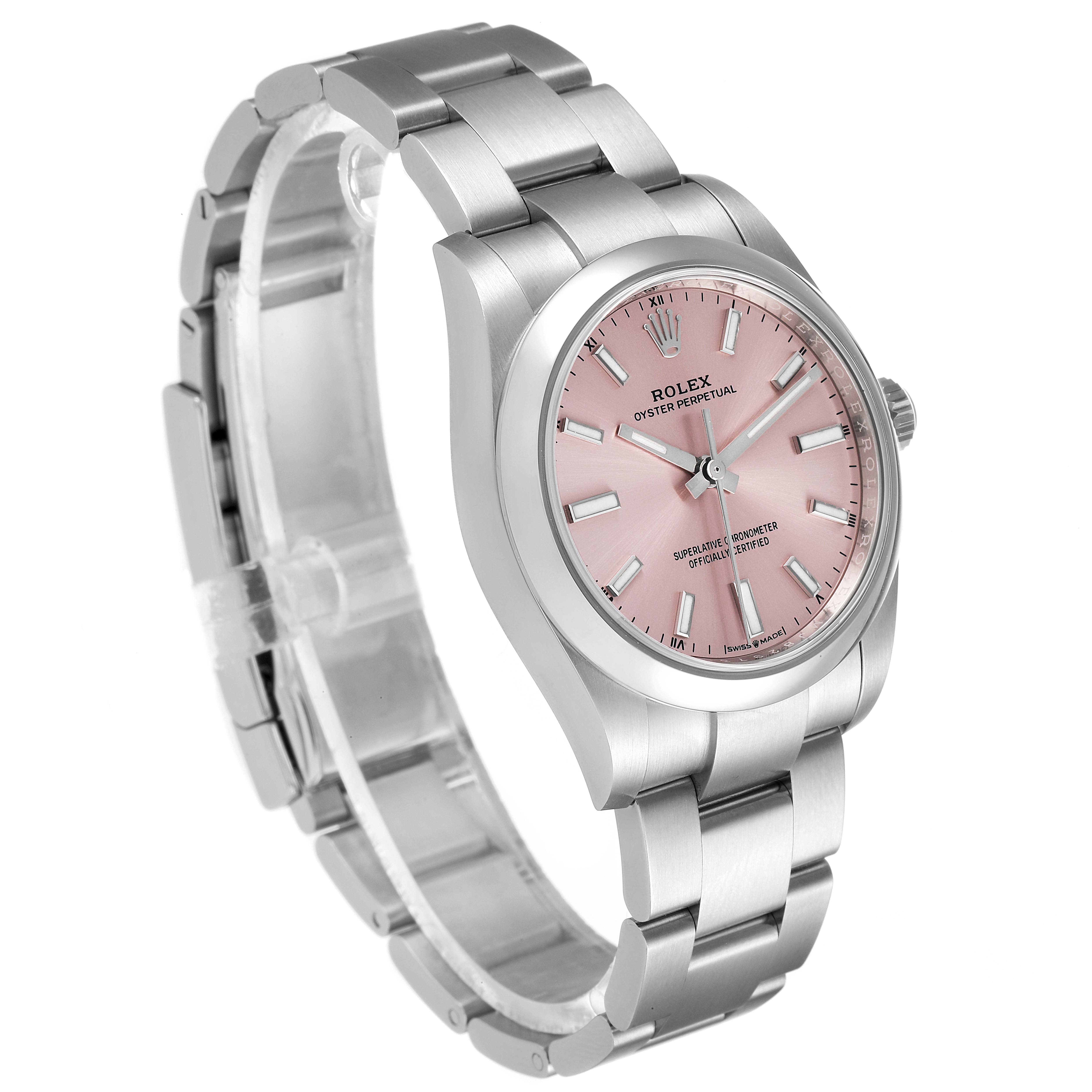 The Rolex Oyster Perpetual 124200 Men's Stainless Steel Pink Dial 124200 Men's Stainless Steel Pink Dial watch is shown from a three-quarter angle, highlighting its pink dial, bezel, and bracelet.
