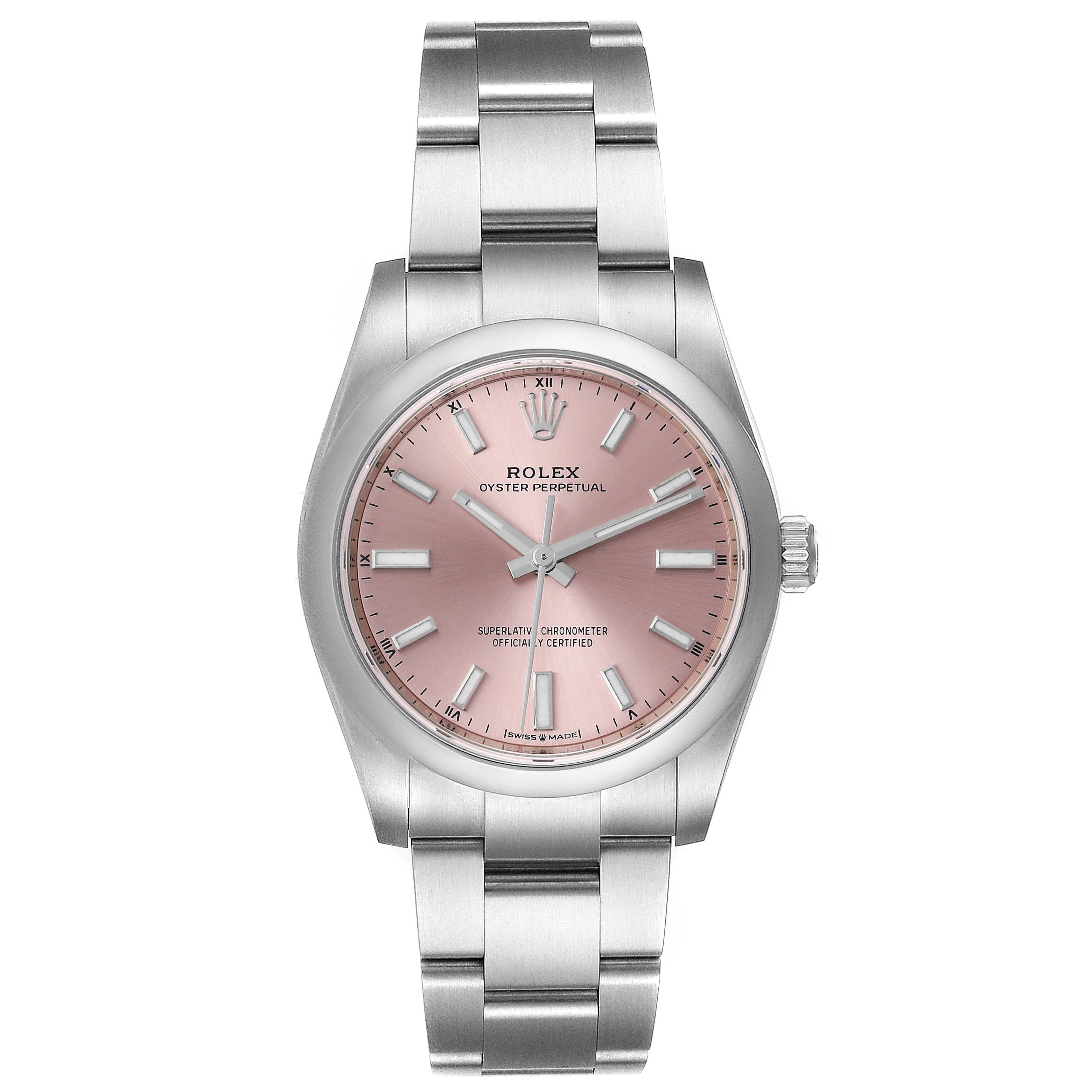 The image shows a front view of a Rolex Oyster Perpetual 124200 Men's Stainless Steel Pink Dial 124200 Men's Stainless Steel Pink Dial watch featuring a pink dial and a silver metal bracelet.
