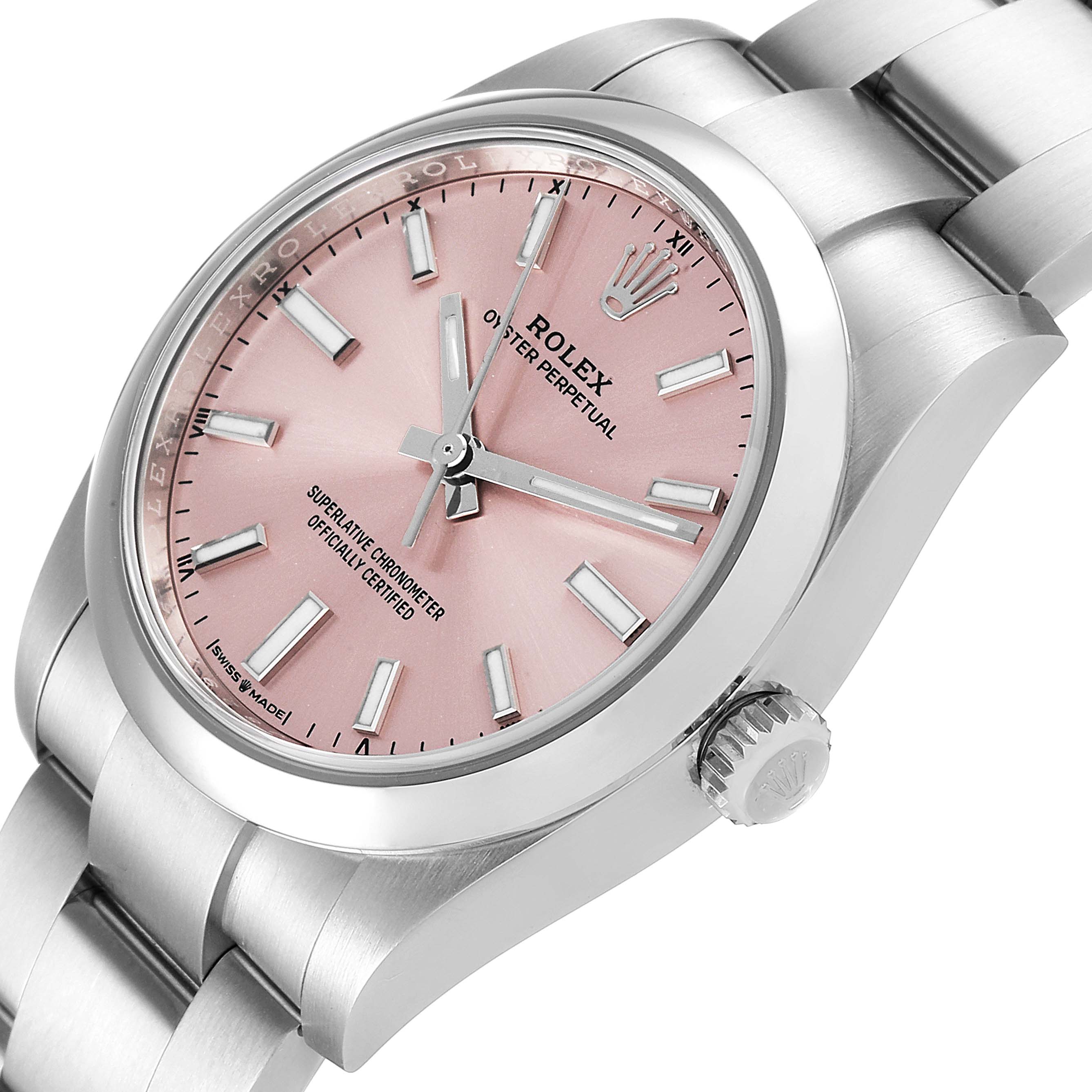 The image shows a close-up angled view of the Rolex Oyster Perpetual 124200 Men's Stainless Steel Pink Dial 124200 Men's Stainless Steel Pink Dial watch, highlighting its pink dial, crown, and stainless steel bracelet.