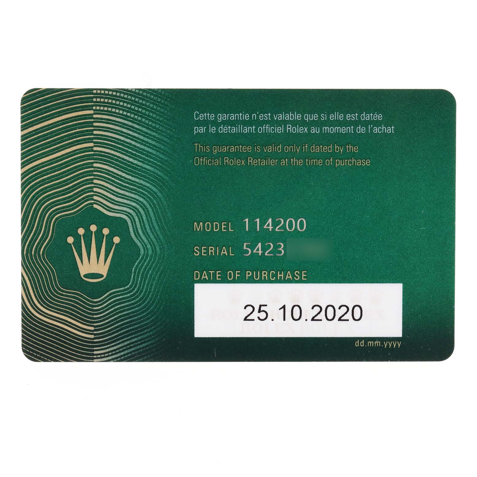The image depicts the warranty card for a Rolex Oyster Perpetual 114200 Men's Stainless Steel Champagne Dial 114200 Men's Stainless Steel Champagne Dial model 114200, showing the purchase date (25.10.2020) and the serial number.