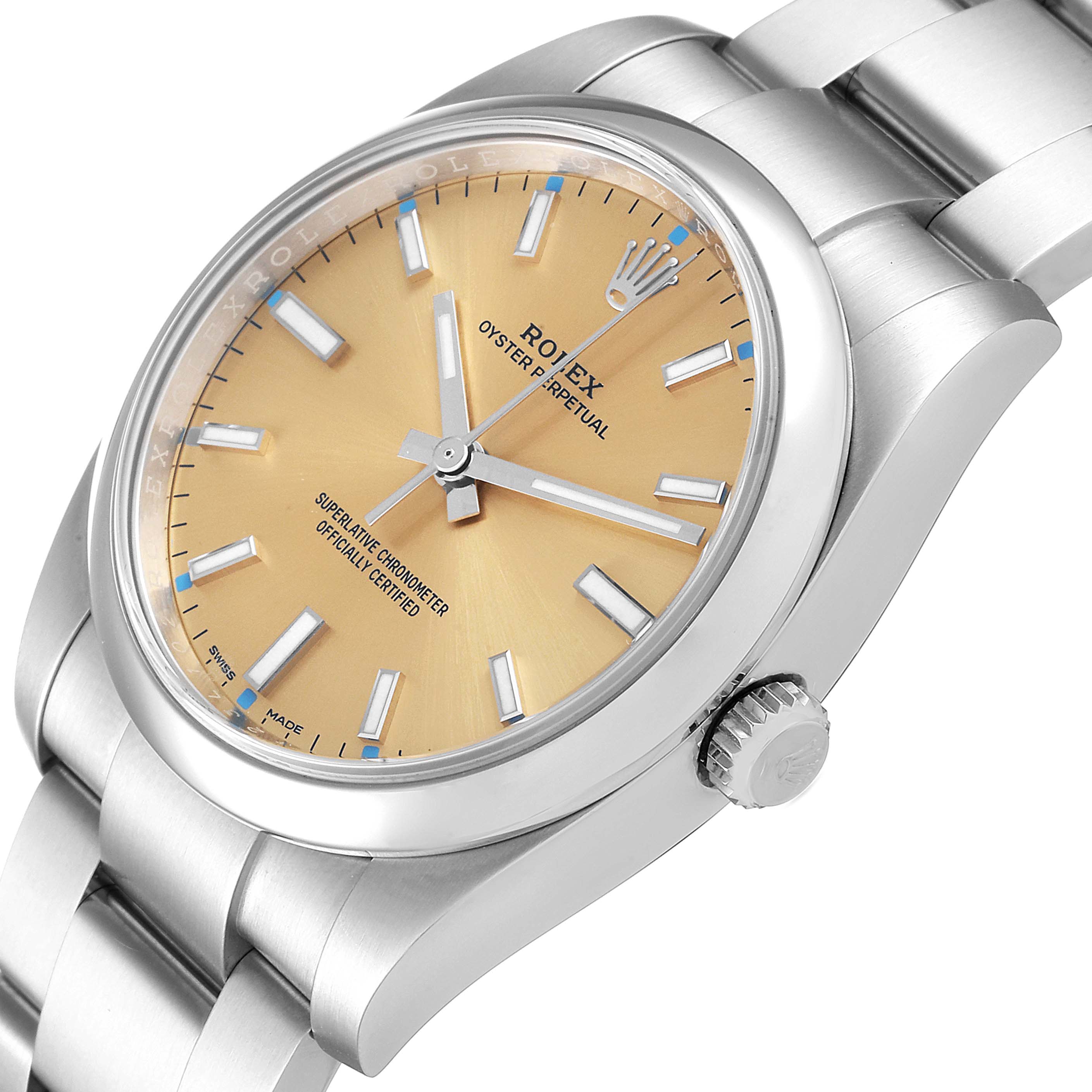 This image shows a Rolex Oyster Perpetual 114200 Men's Stainless Steel Champagne Dial 114200 Men's Stainless Steel Champagne Dial watch at a slight angle, revealing the dial, hands, bezel, and part of the bracelet.