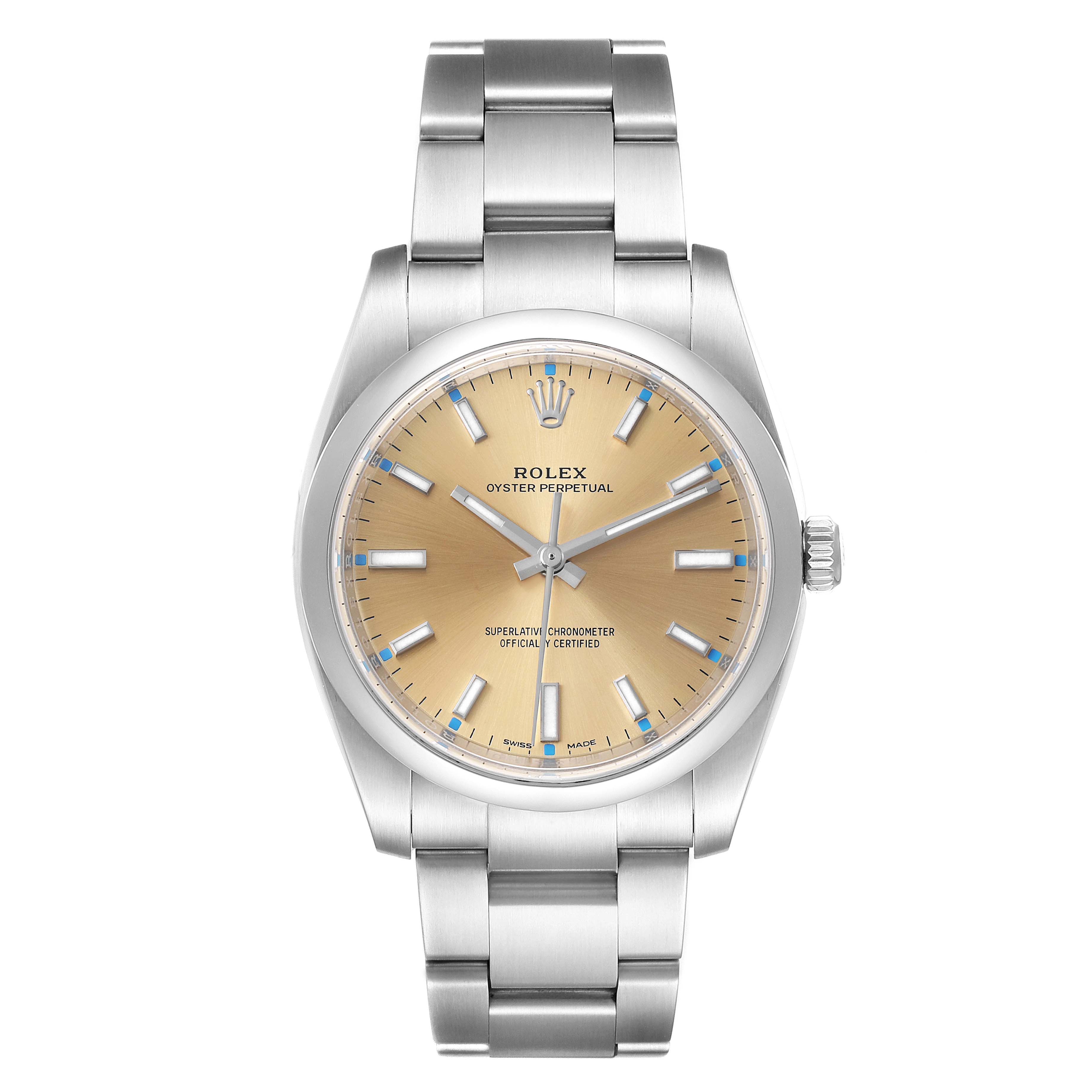 The image shows a front view of the Rolex Oyster Perpetual 114200 Men's Stainless Steel Champagne Dial 114200 Men's Stainless Steel Champagne Dial watch, highlighting its dial, bracelet, and bezel.