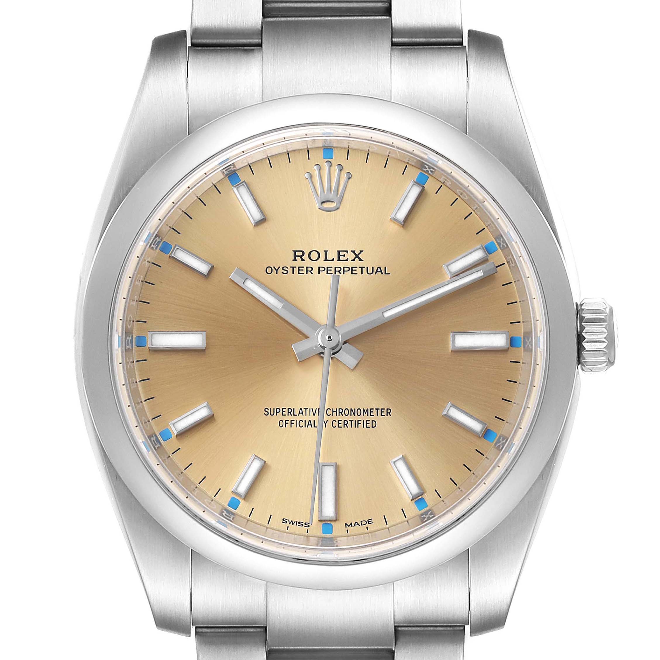 The image shows a close-up frontal view of the dial and part of the bracelet of the Rolex Oyster Perpetual 114200 Men's Stainless Steel Champagne Dial 114200 Men's Stainless Steel Champagne Dial watch.