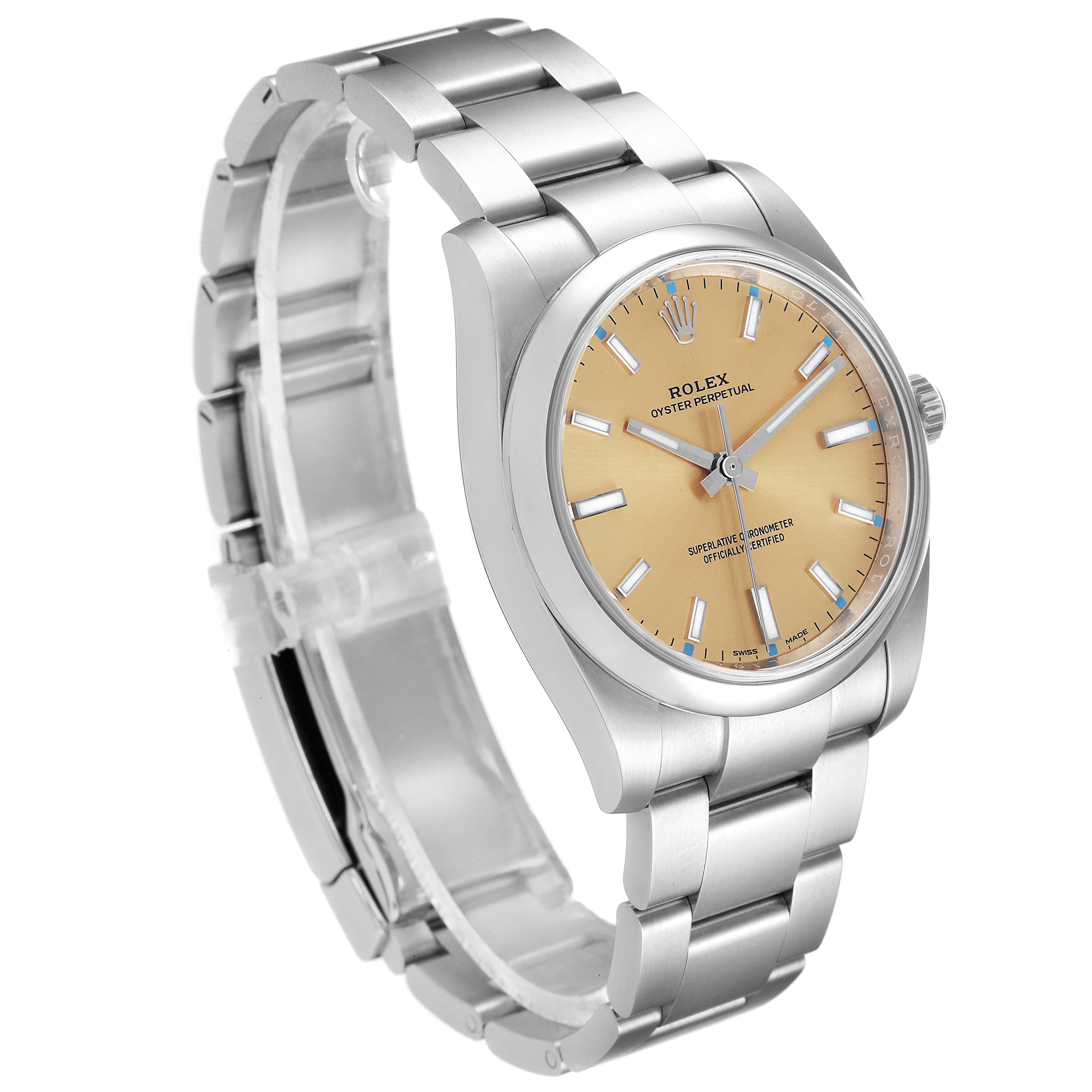 The image shows a side and front angle of the Rolex Oyster Perpetual 114200 Men's Stainless Steel Champagne Dial 114200 Men's Stainless Steel Champagne Dial watch featuring a silver bracelet and a gold dial.