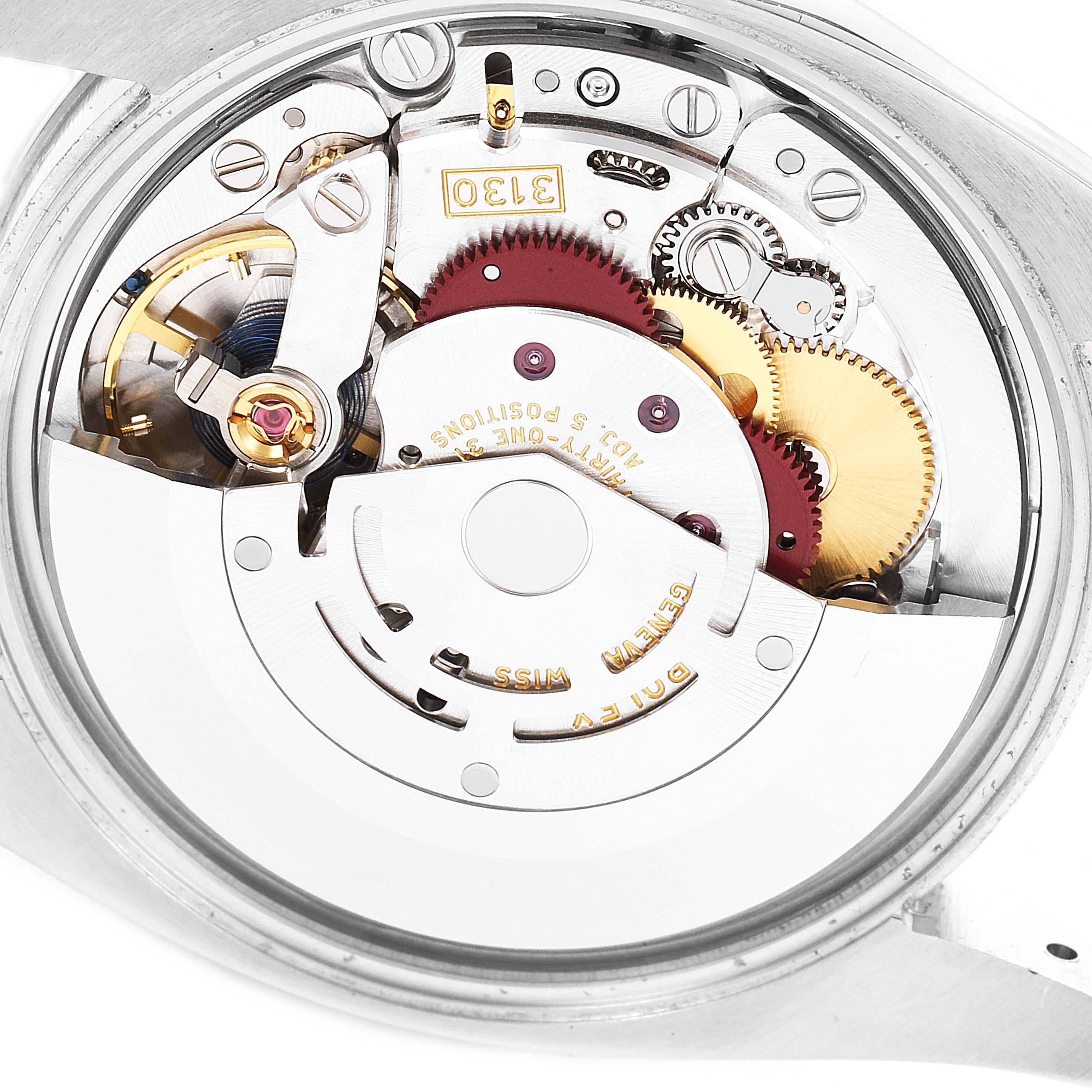 This image shows the internal mechanism of a Rolex Oyster Perpetual 114200 Men's Stainless Steel Champagne Dial 114200 Men's Stainless Steel Champagne Dial watch, viewed from the back.
