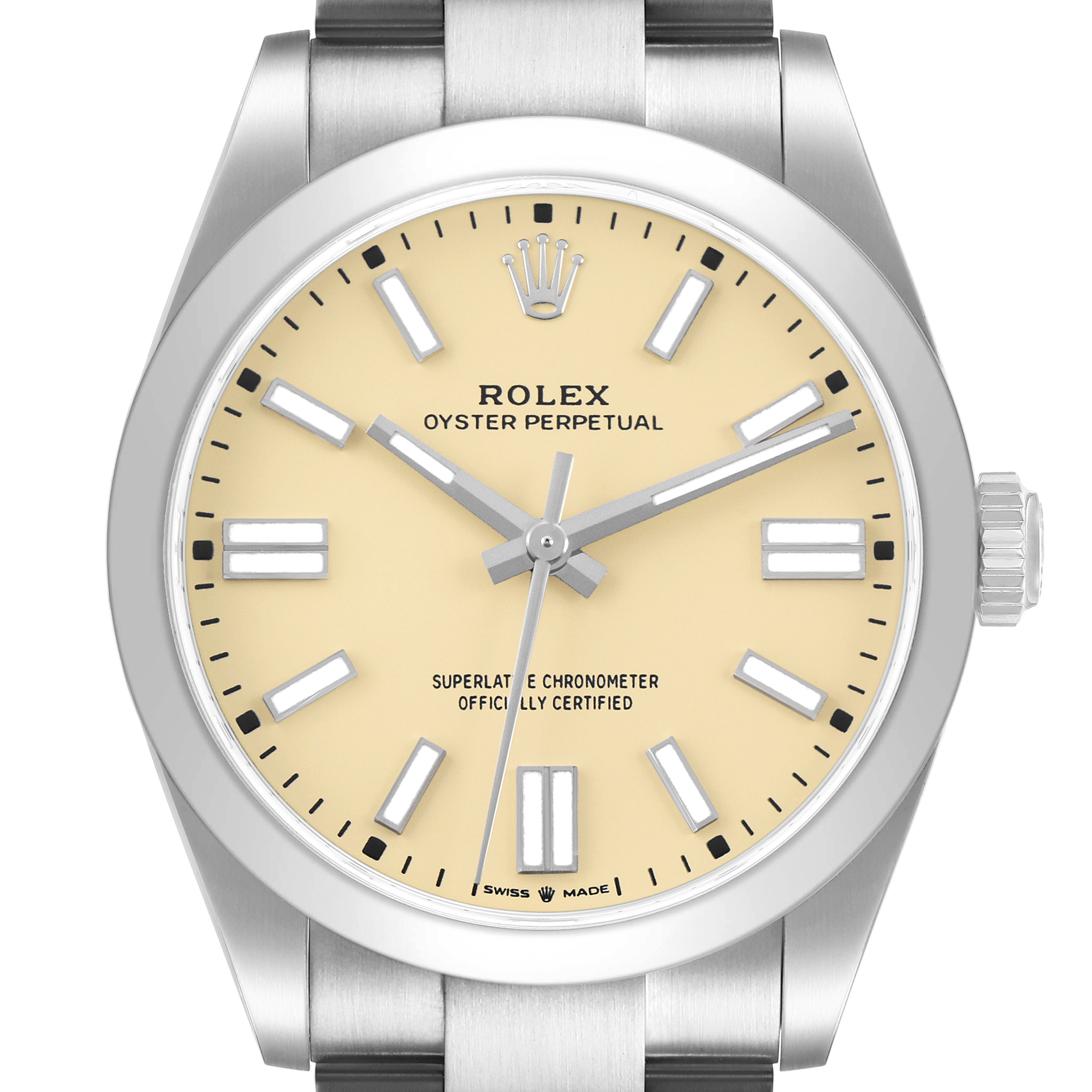 The Rolex Oyster Perpetual 134300 Men's Stainless Steel Beige Dial watch is shown from a front angle, highlighting the dial, bezel, and part of the bracelet.
