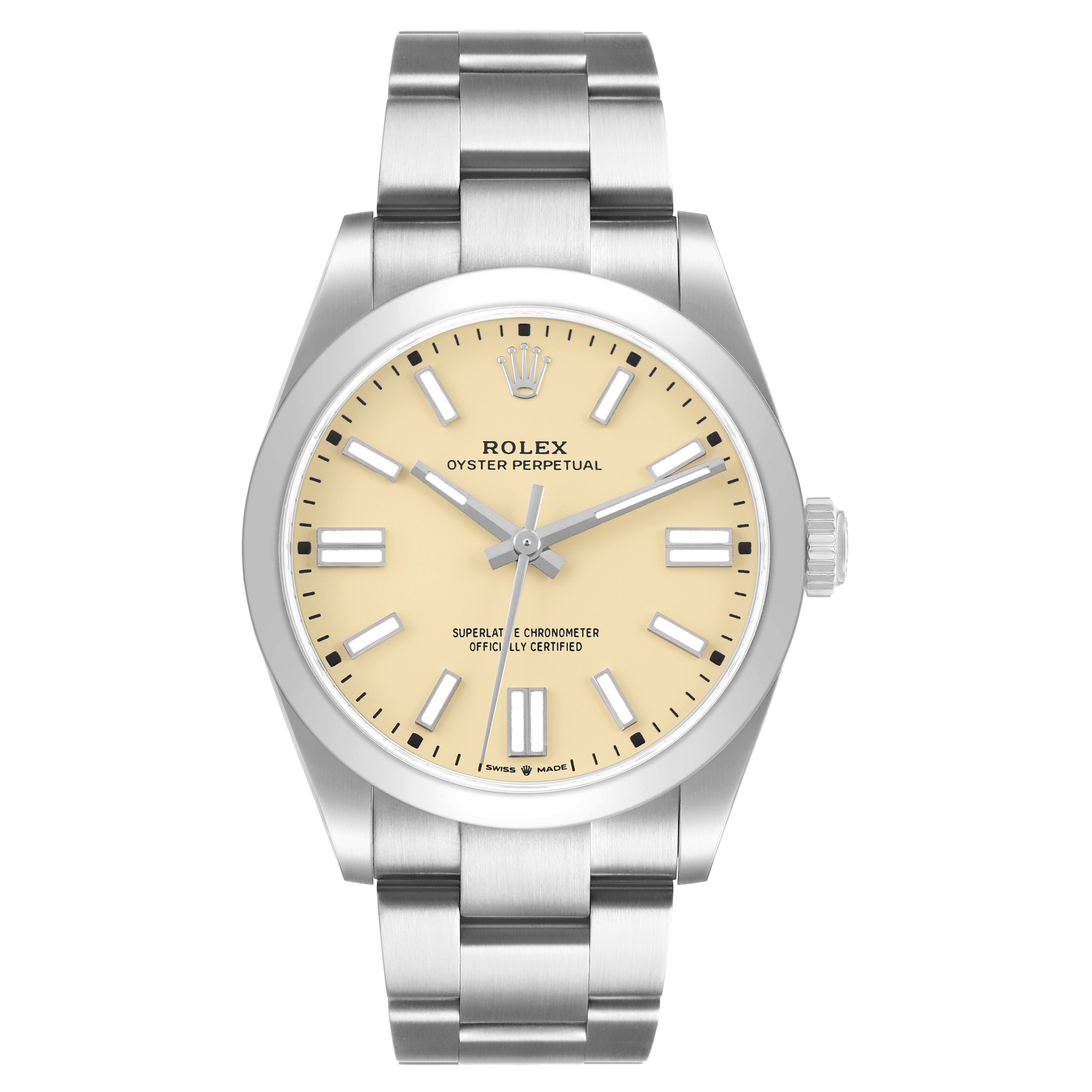 The Rolex Oyster Perpetual 134300 Men's Stainless Steel Beige Dial watch is shown from the front, displaying its dial, bezel, and bracelet.