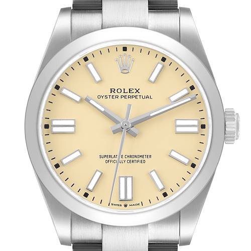 The Rolex Oyster Perpetual 134300 Men's Stainless Steel Beige Dial watch is shown from a front angle, highlighting the dial, hour markers, hands, and case.