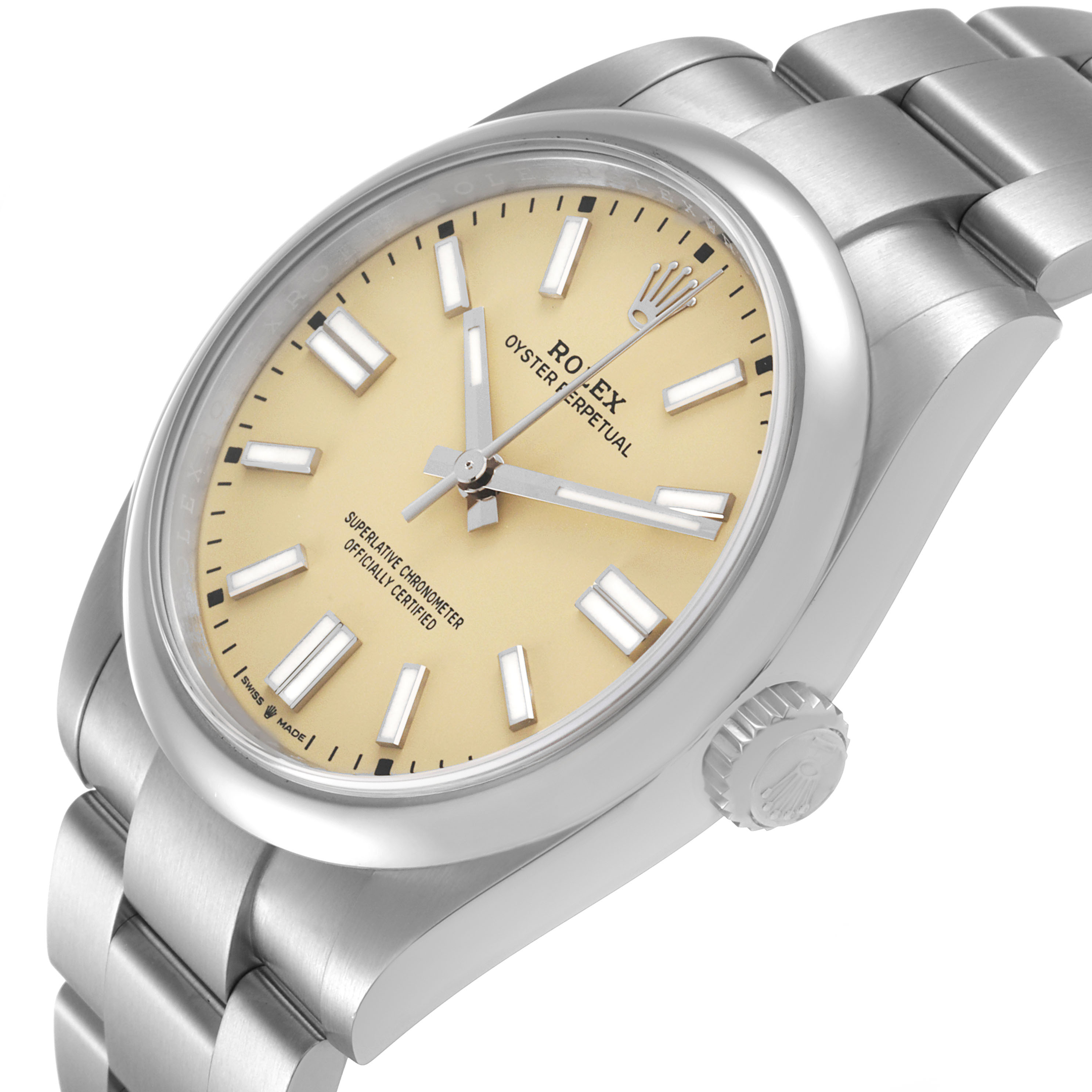 The Rolex Oyster Perpetual 134300 Men's Stainless Steel Beige Dial watch is shown at an angled view, displaying the face, bezel, crown, and part of the bracelet.