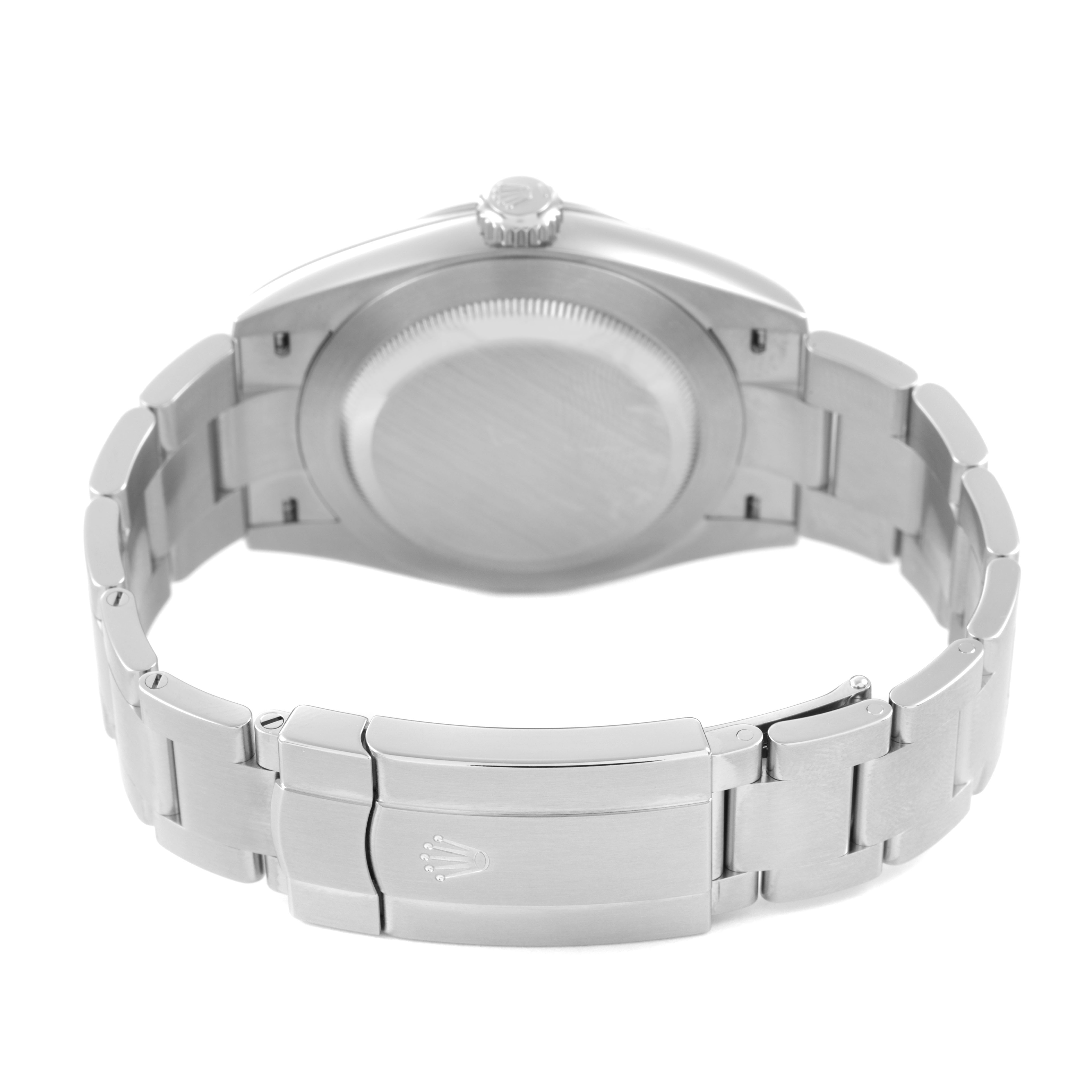 The Rolex Oyster Perpetual 134300 Men's Stainless Steel Beige Dial watch is shown from the back, highlighting the case back and clasp of the bracelet.