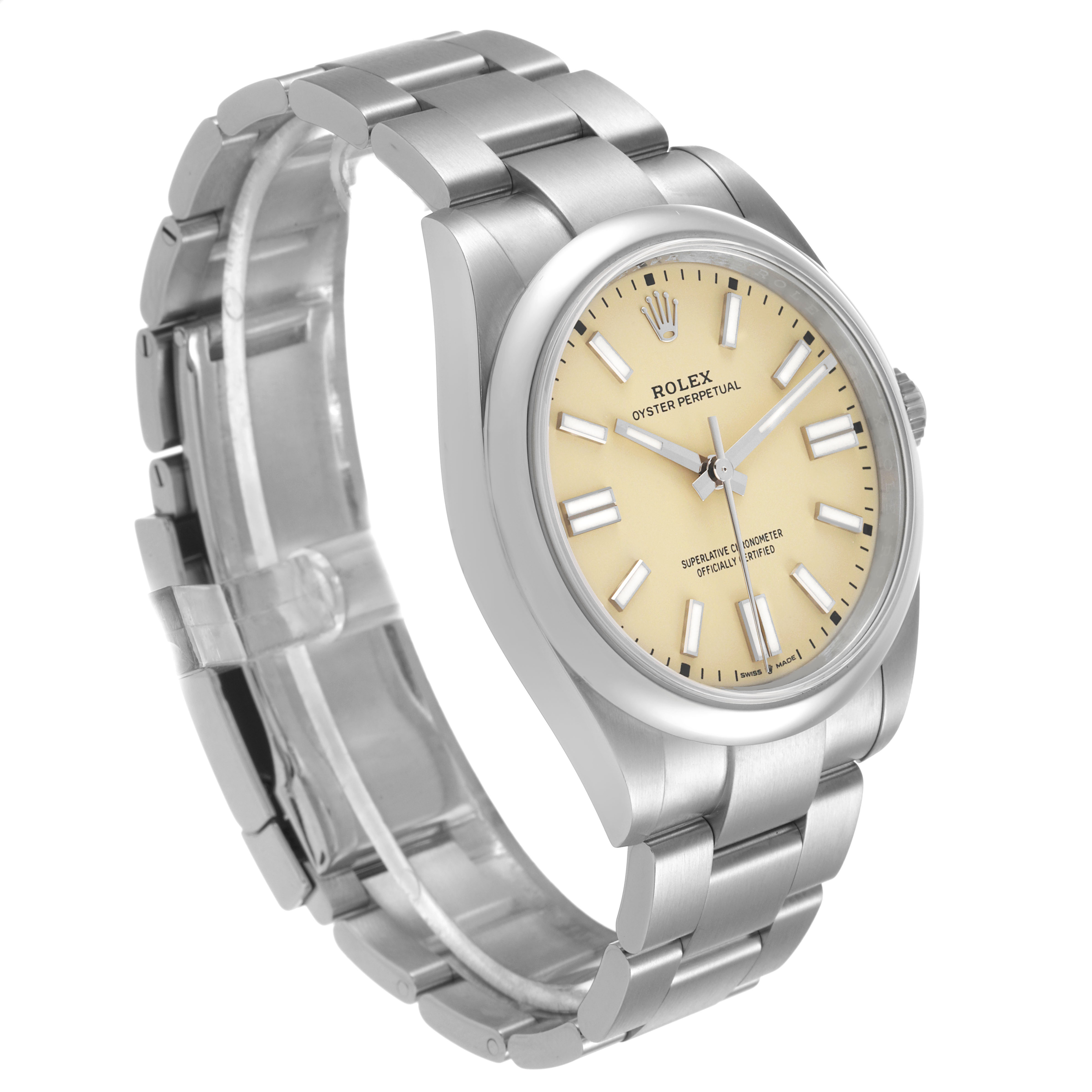 The Rolex Oyster Perpetual 134300 Men's Stainless Steel Beige Dial watch is shown at a front-angle, highlighting the dial, bracelet, and side profile.