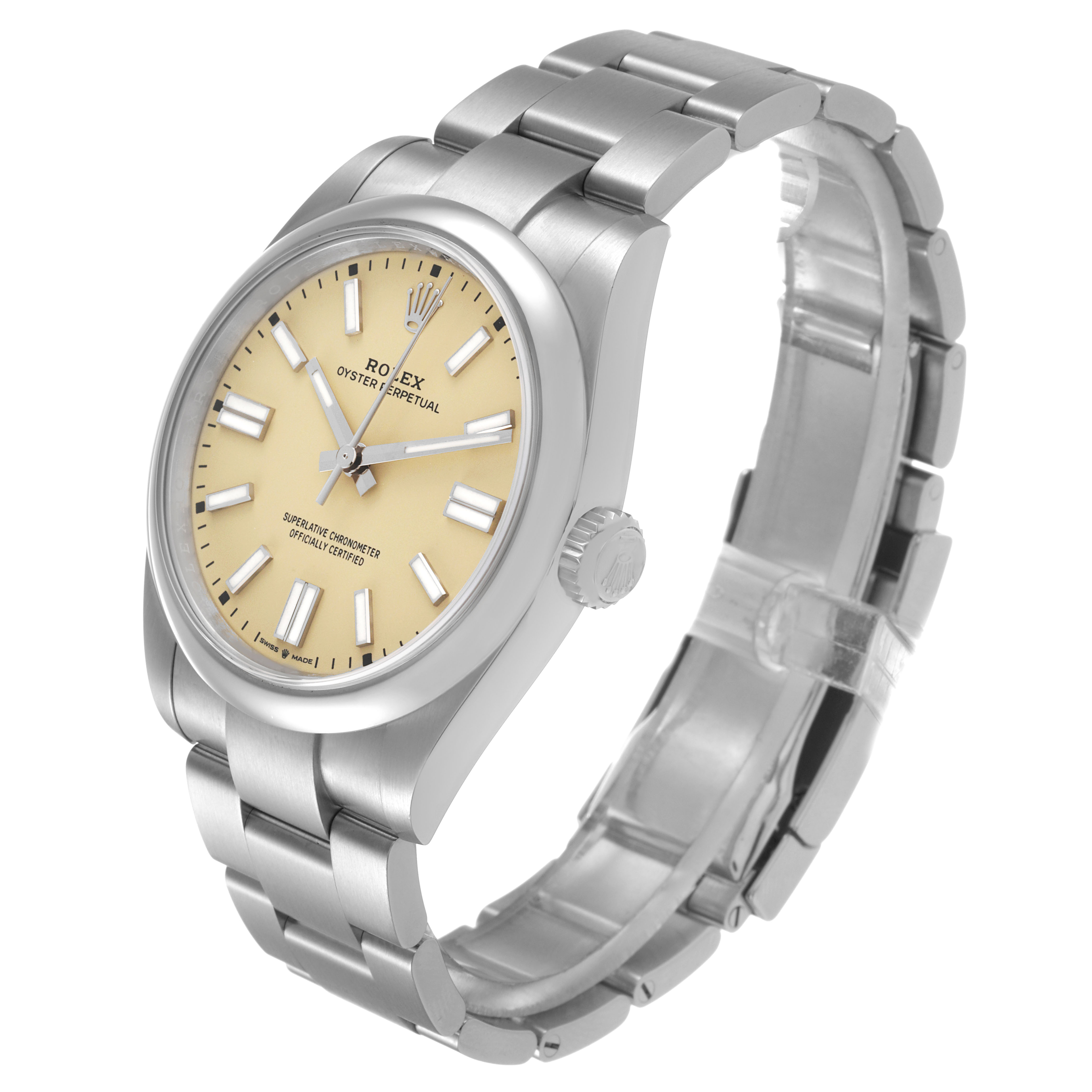 The Rolex Oyster Perpetual 134300 Men's Stainless Steel Beige Dial watch is shown from an angled side view, highlighting the face, bezel, crown, and bracelet.