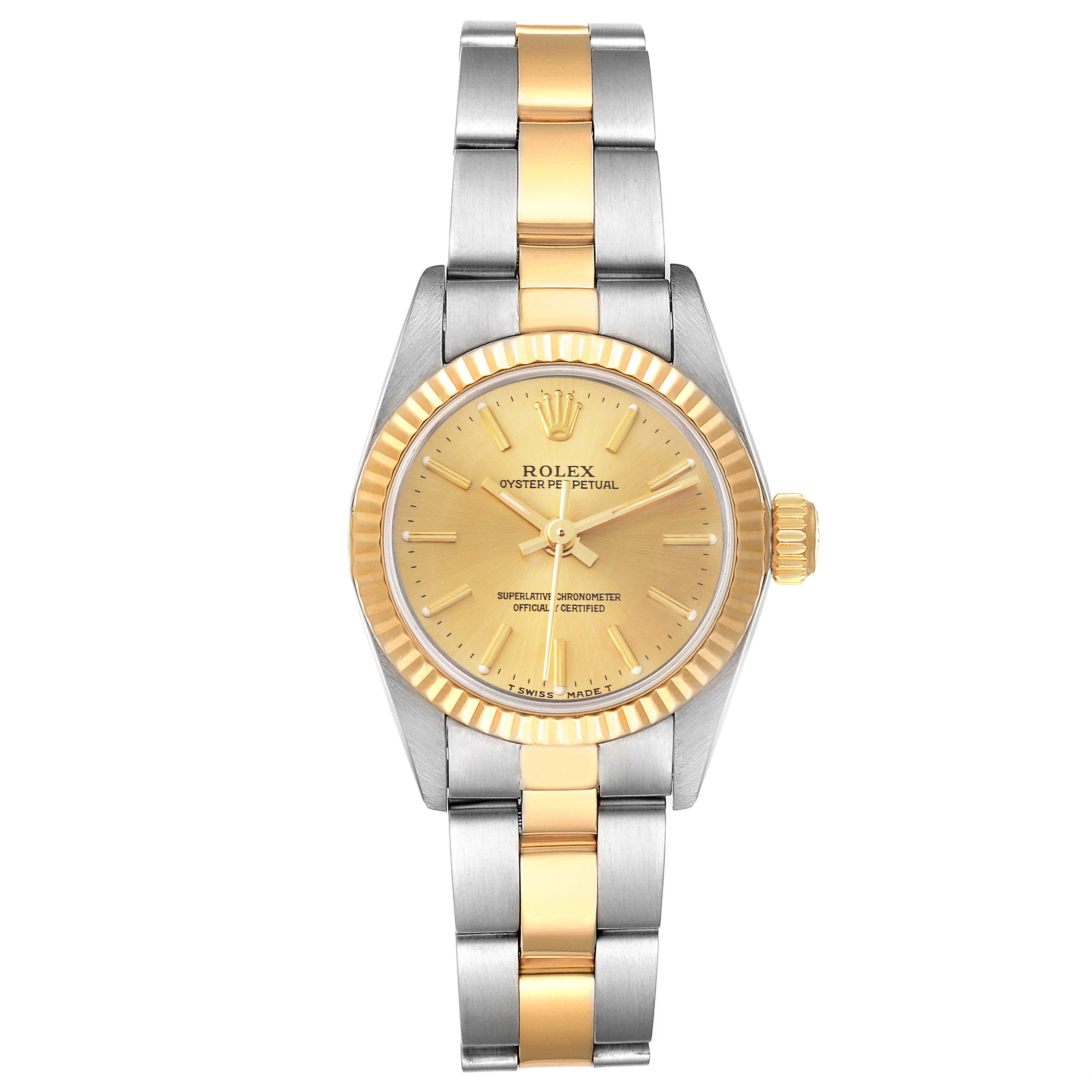 This image shows a frontal view of the Rolex Oyster Perpetual 67193 Women
s Steel and Gold (two tone) Champagne Dial 67193 Women
s Steel and Gold (two tone) Champagne Dial watch, highlighting its gold and silver strap, dial, and bezel.