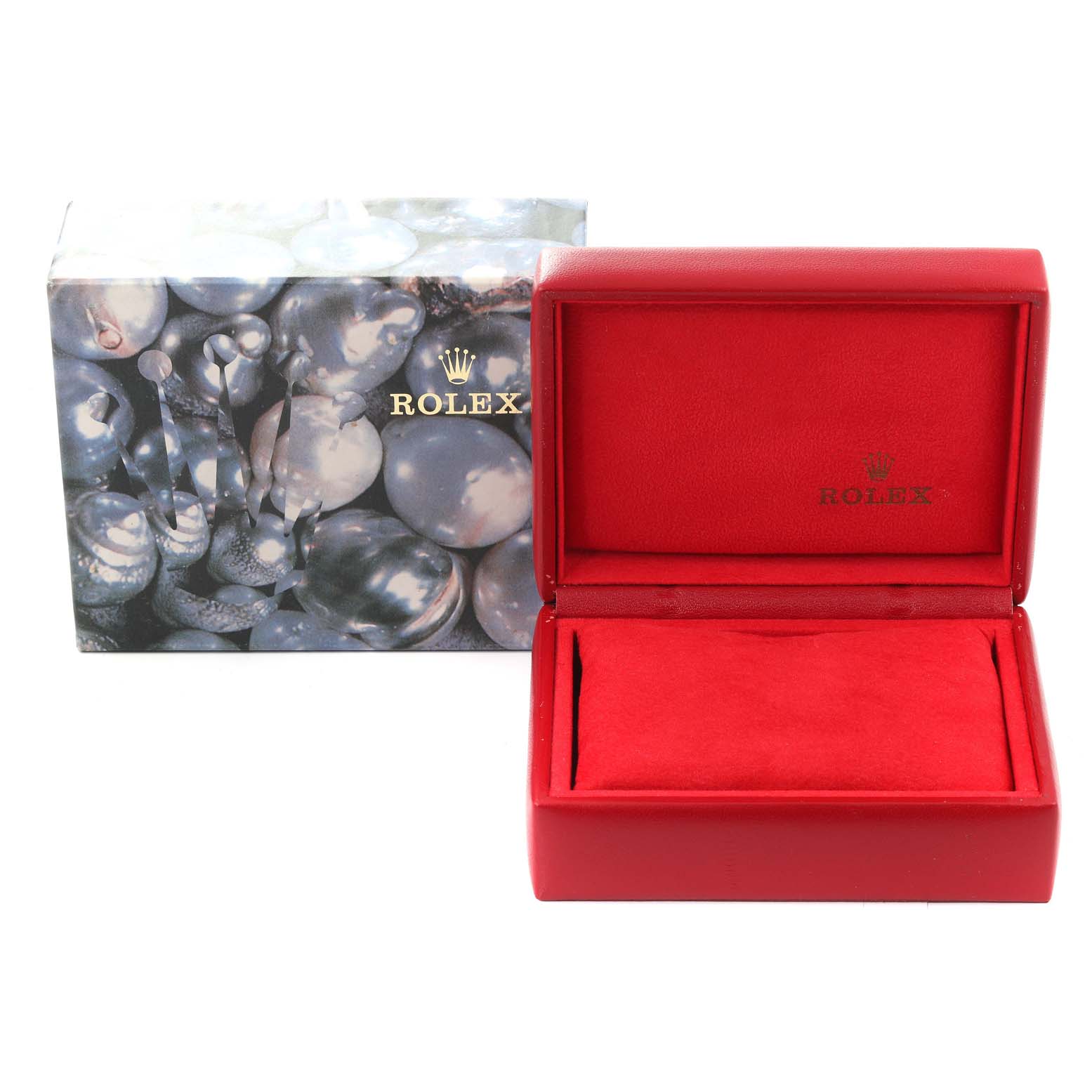 The image shows a Rolex Oyster Perpetual 67193 Women
s Steel and Gold (two tone) Champagne Dial 67193 Women
s Steel and Gold (two tone) Champagne Dial watch box and packaging, including an open red watch case and an outer decorative box.