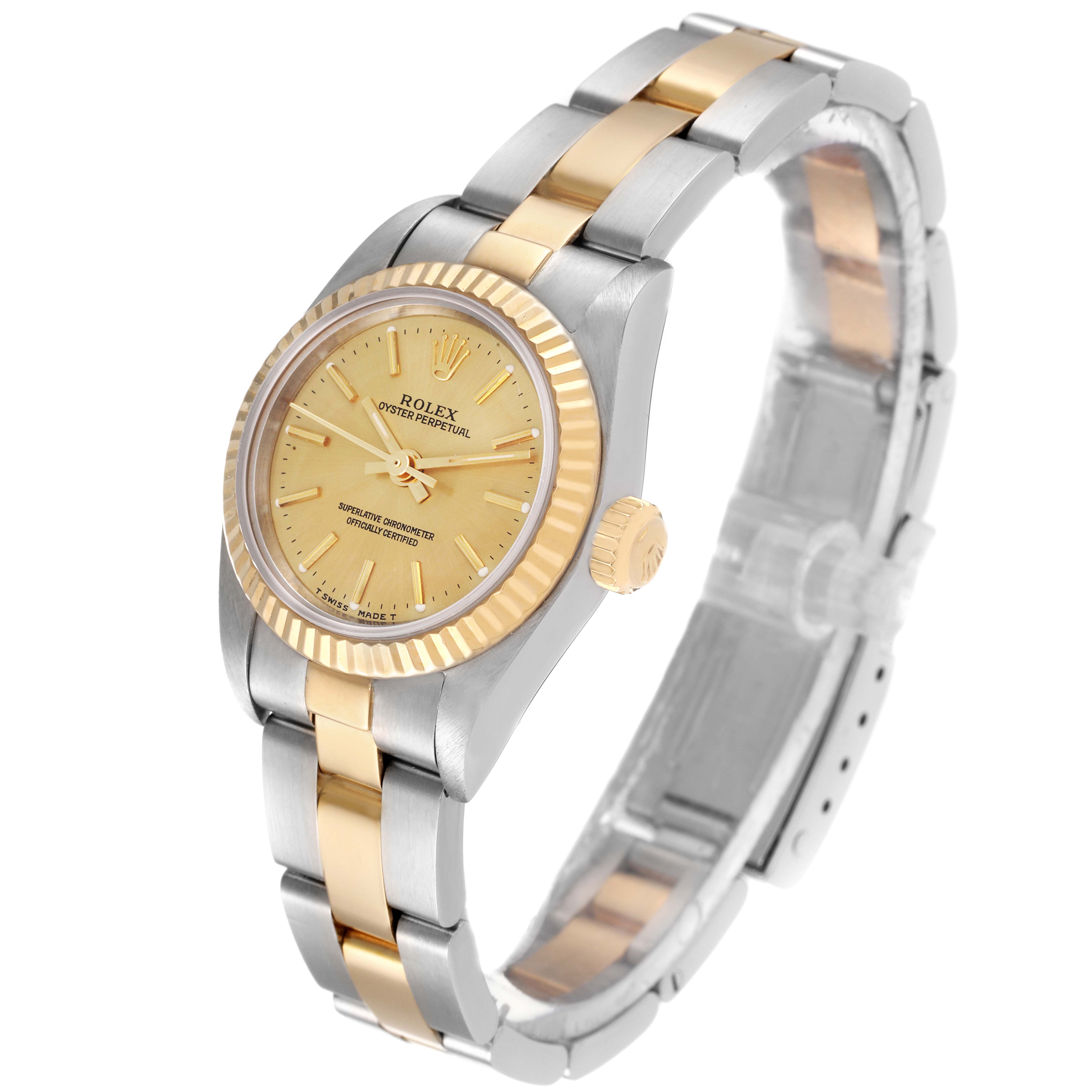 This image shows a Rolex Oyster Perpetual 67193 Women
s Steel and Gold (two tone) Champagne Dial 67193 Women
s Steel and Gold (two tone) Champagne Dial watch at a three-quarter angle, highlighting its face, bezel, crown, and bracelet.