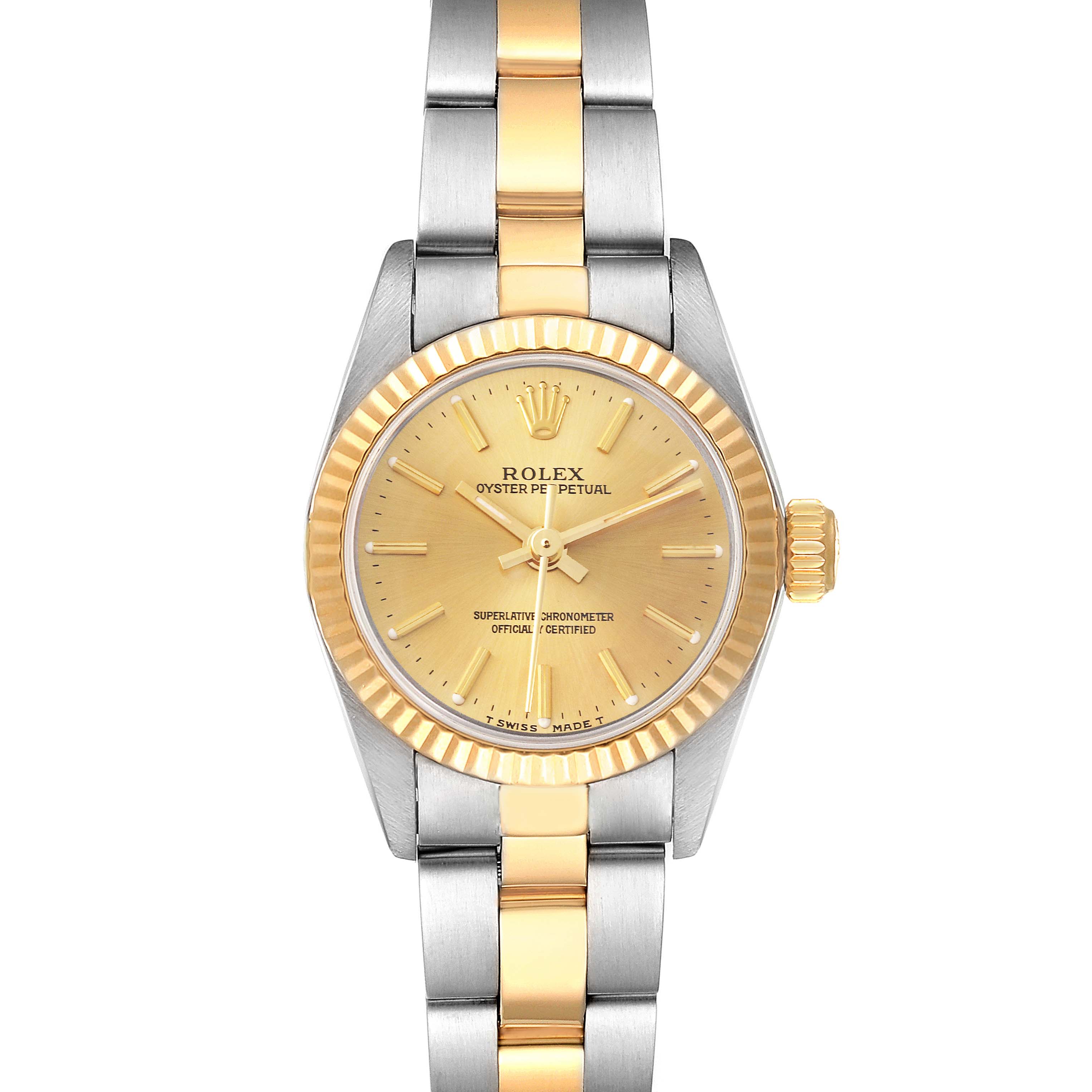 This is a front view of the Rolex Oyster Perpetual 67193 Women
s Steel and Gold (two tone) Champagne Dial 67193 Women
s Steel and Gold (two tone) Champagne Dial watch showing the dial, bezel, crown, and bracelet.