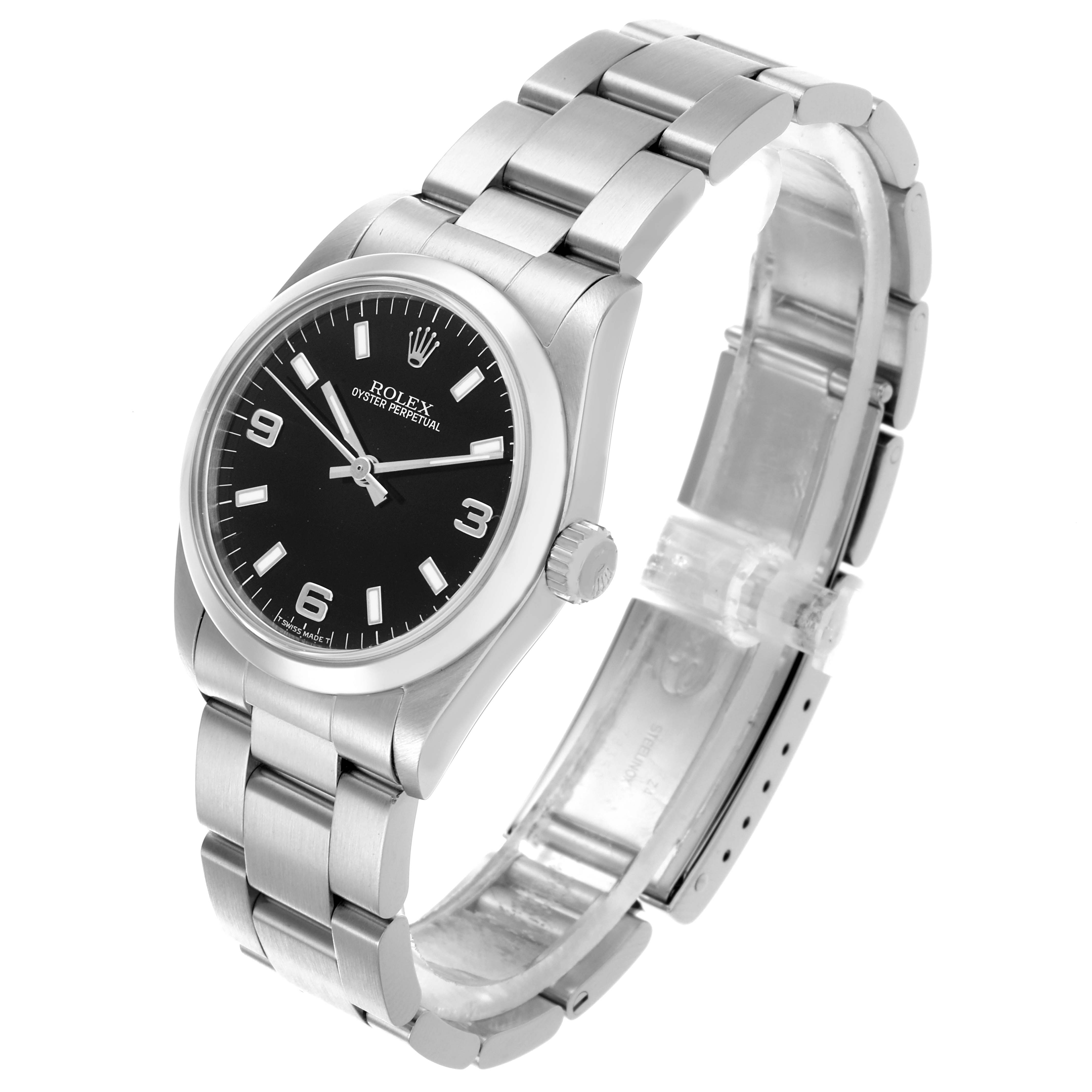 The Rolex Mid-Size 67480 Women's Stainless Steel Black Dial 67480 Women's Stainless Steel Black Dial watch is shown at a three-quarter angle, displaying the face, bezel, crown, bracelet, and clasp.