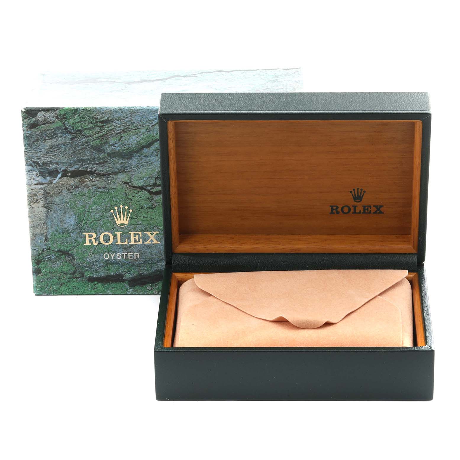 The Rolex Mid-Size 67480 Women's Stainless Steel Black Dial 67480 Women's Stainless Steel Black Dial watch box is shown open, revealing a padded interior, with the outer box in the background.