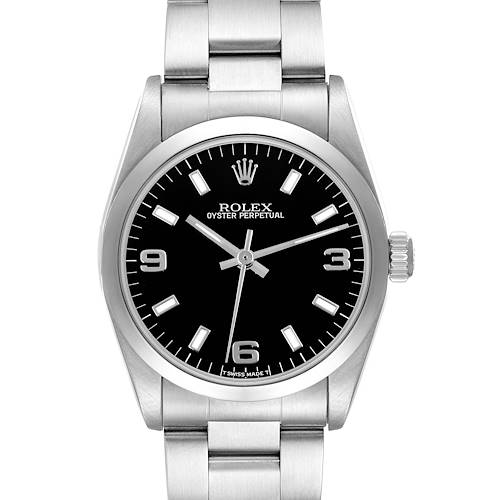 The Rolex Mid-Size model is shown from the front, displaying the dial, case, and bracelet.