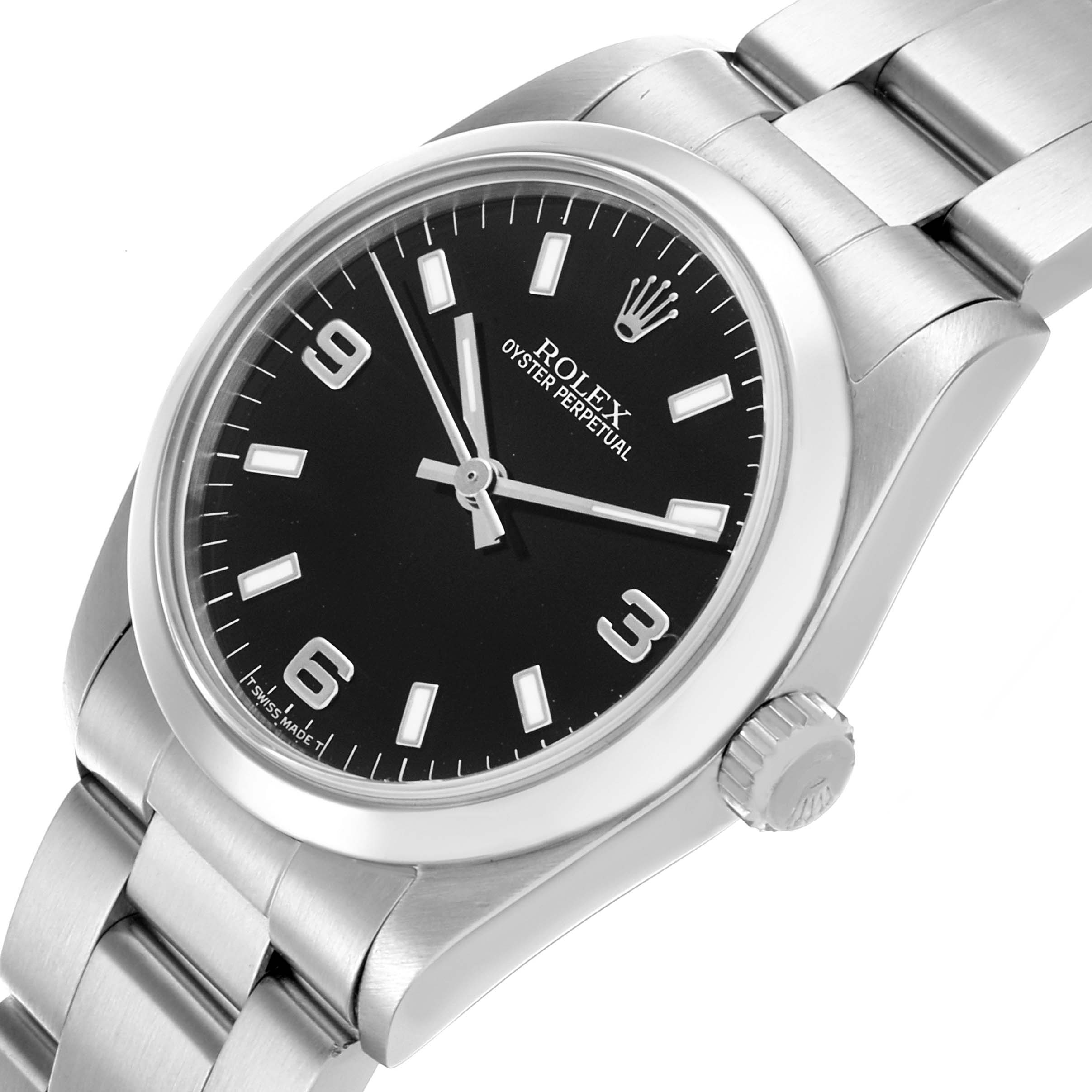 The Rolex Mid-Size 67480 Women's Stainless Steel Black Dial 67480 Women's Stainless Steel Black Dial watch is shown at an oblique angle, displaying the face, bezel, crown, and part of the bracelet.