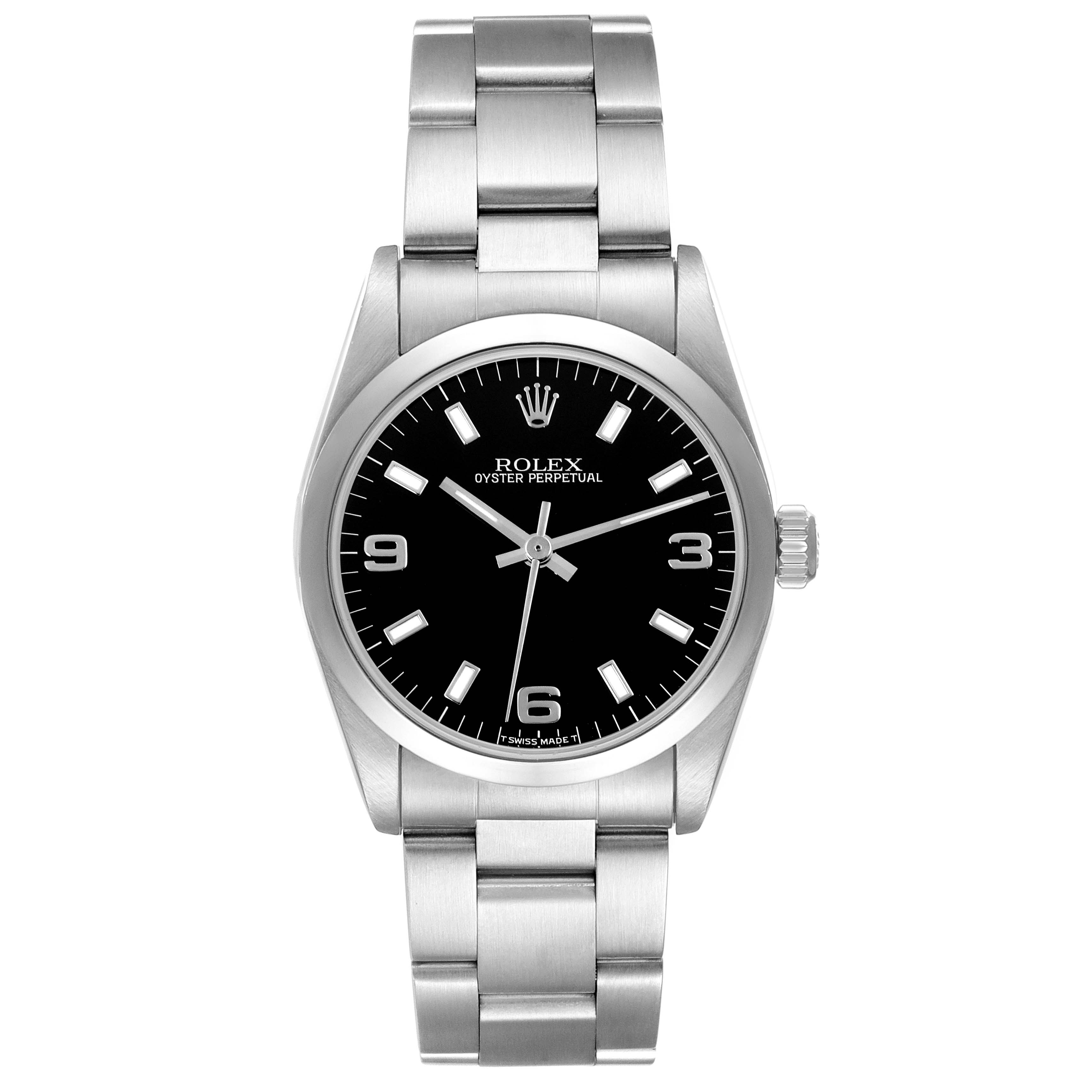 The Rolex Mid-Size 67480 Women's Stainless Steel Black Dial 67480 Women's Stainless Steel Black Dial Oyster Perpetual watch is shown from a front angle, displaying the dial and bracelet.