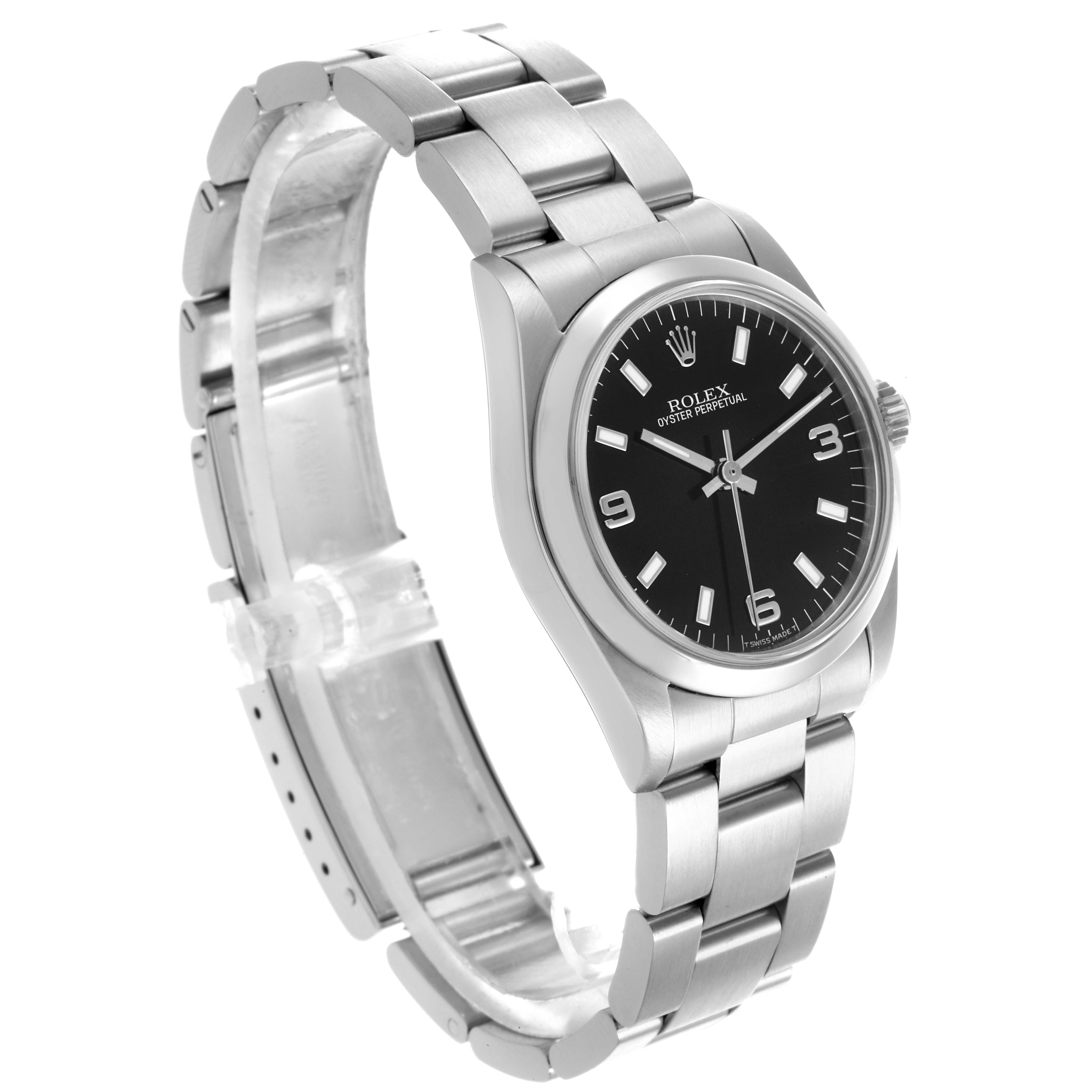 The Rolex Mid-Size 67480 Women's Stainless Steel Black Dial 67480 Women's Stainless Steel Black Dial model is shown at a slight angle, highlighting the face, bezel, and bracelet.