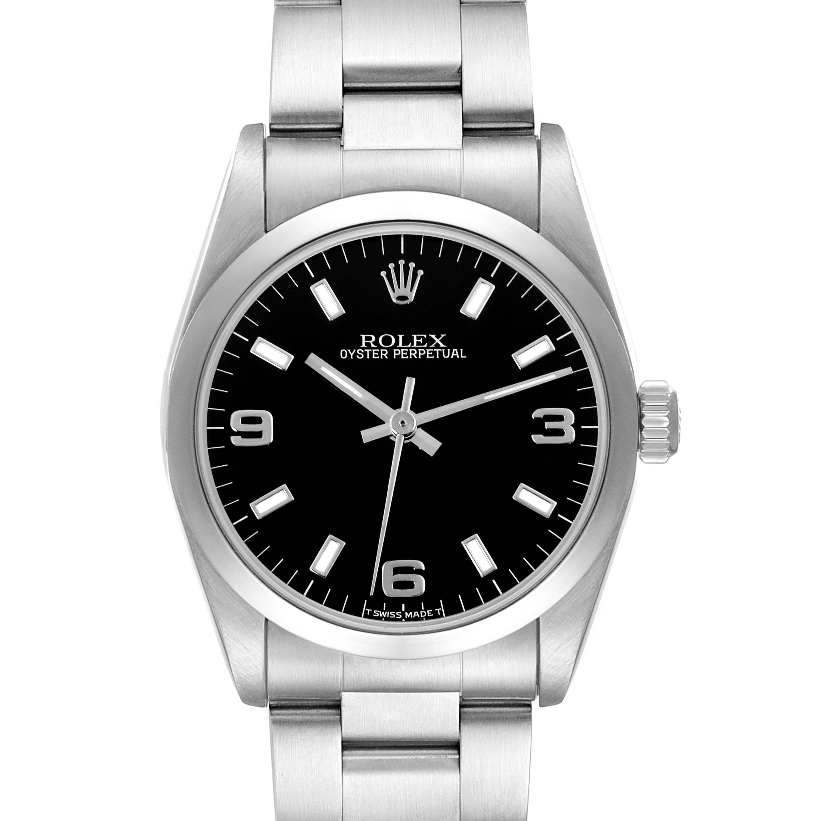 The Rolex Mid-Size 67480 Women's Stainless Steel Black Dial 67480 Women's Stainless Steel Black Dial model is shown from a frontal angle, displaying the black dial, crown, and part of the bracelet.