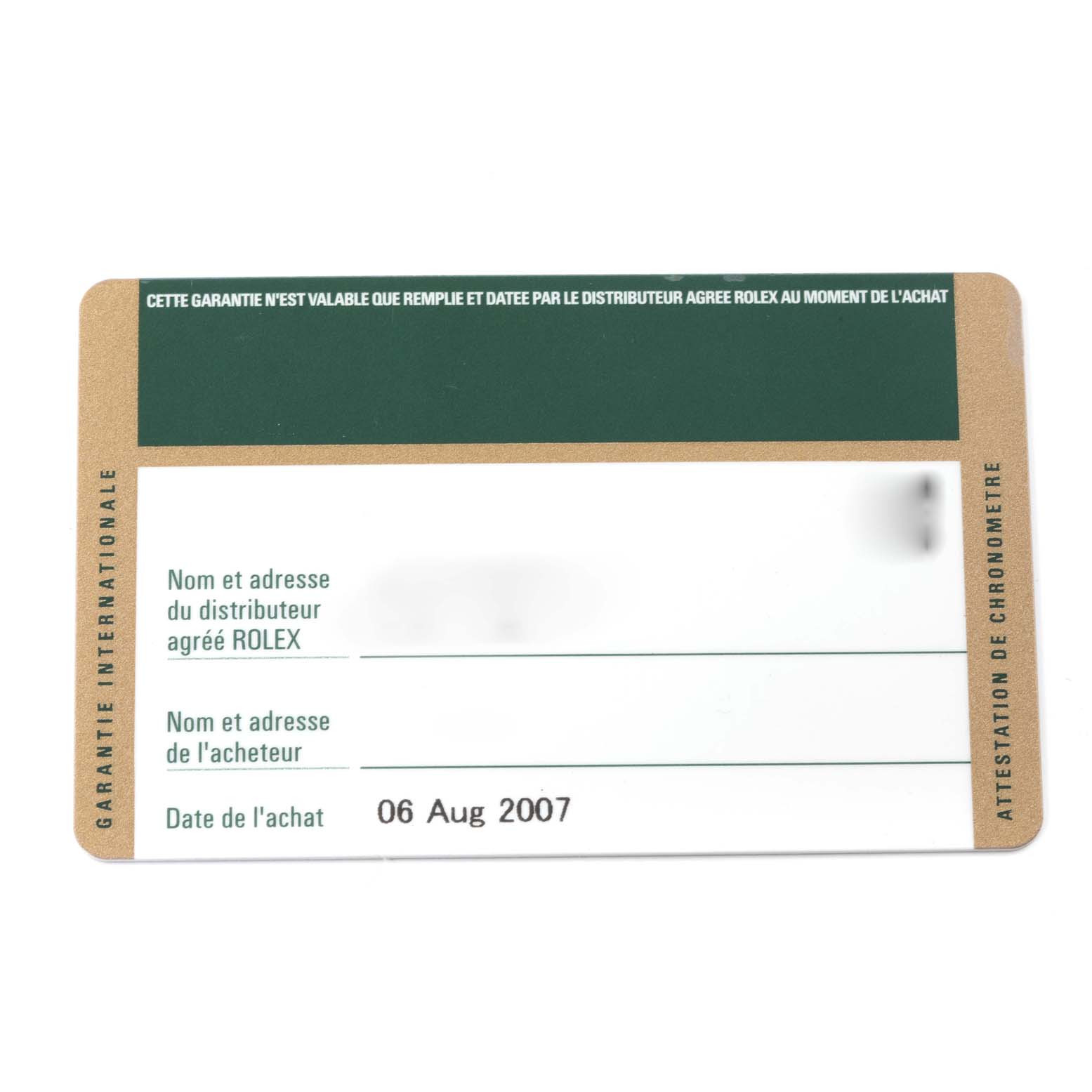 This image shows the warranty card for a Rolex Oyster Perpetual 176234 Women's Stainless Steel Black Dial 176234 Women's Stainless Steel Black Dial watch.