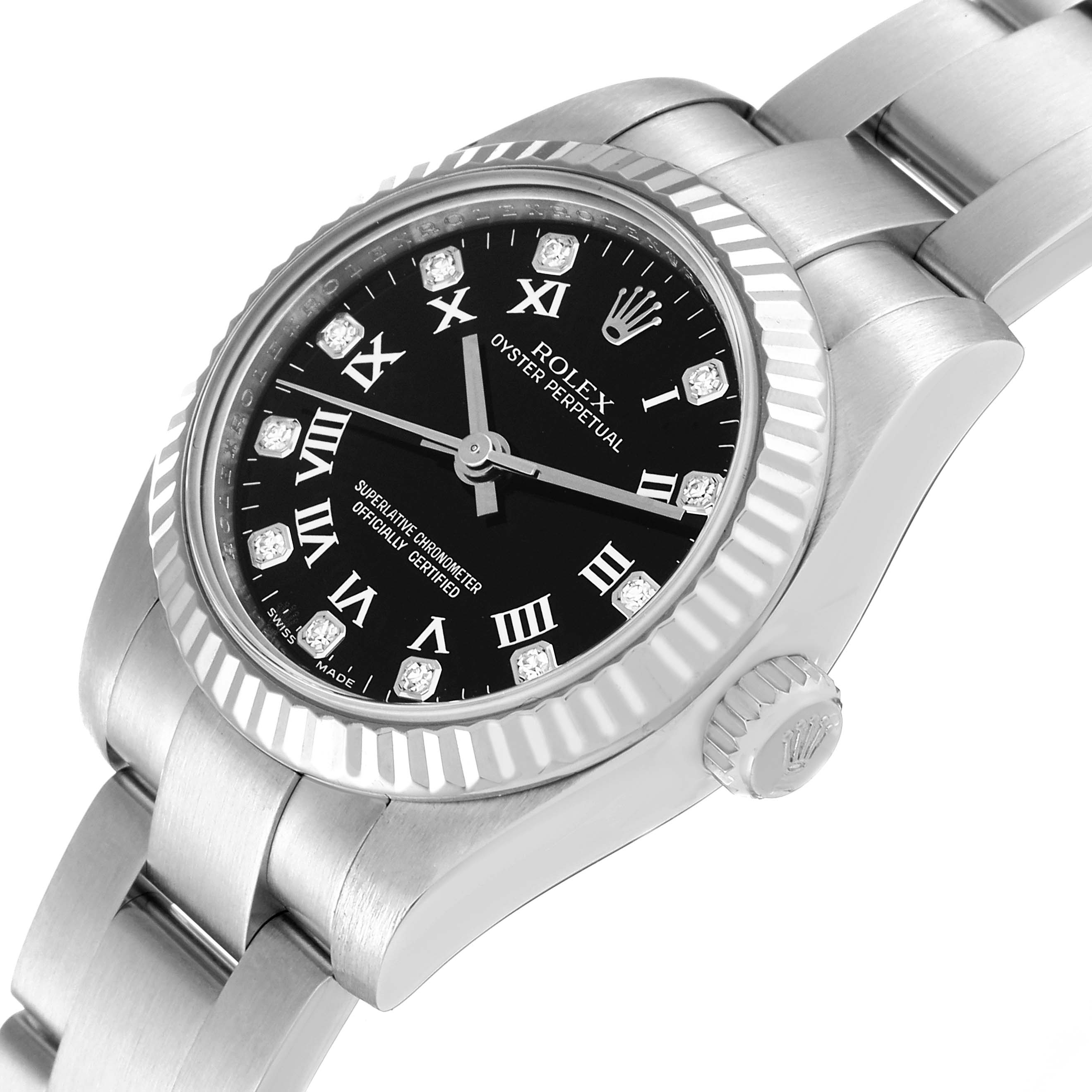 This image shows a Rolex Oyster Perpetual 176234 Women's Stainless Steel Black Dial 176234 Women's Stainless Steel Black Dial watch at an angle highlighting the face, bezel, crown, and part of the bracelet.