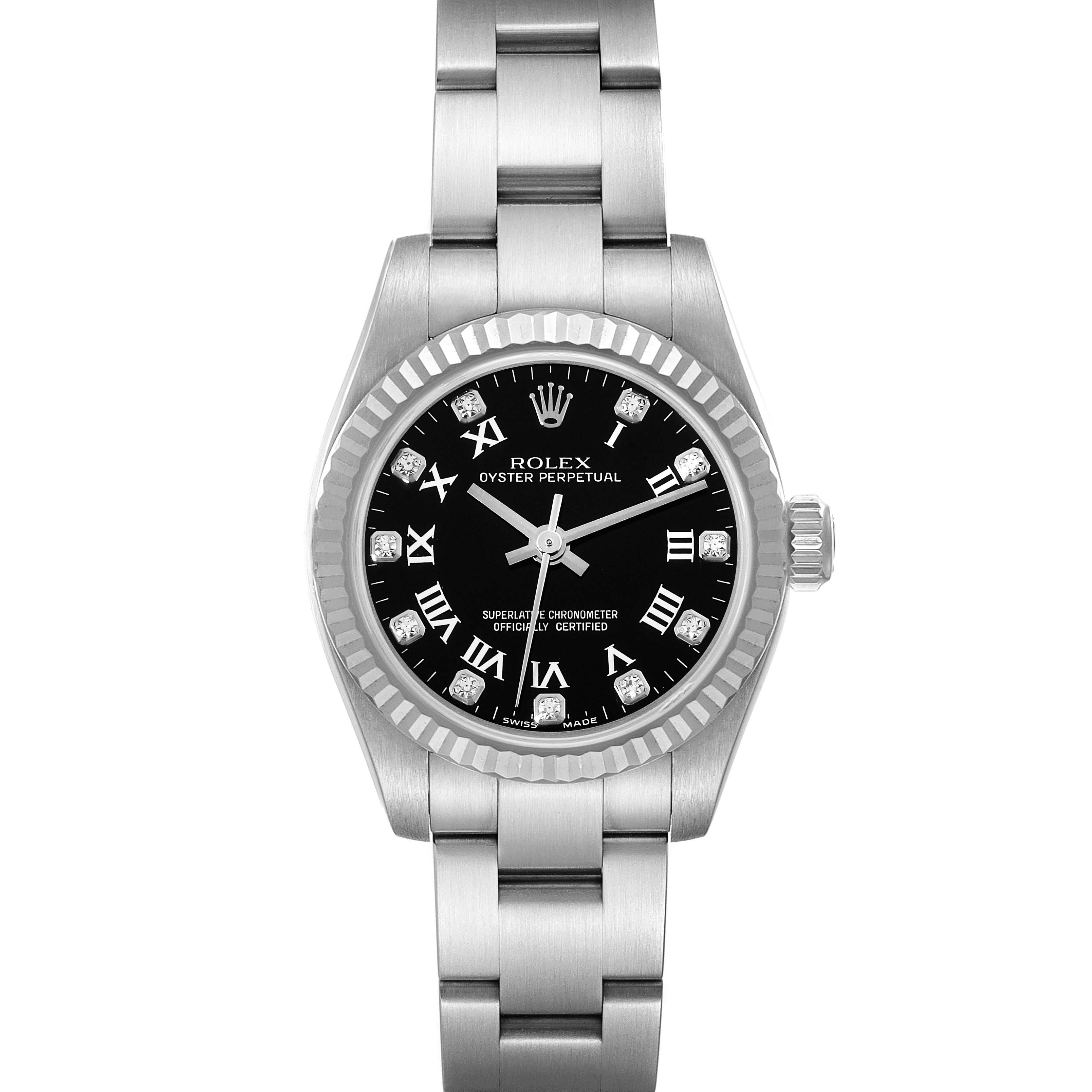 The image shows a front view of a Rolex Oyster Perpetual 176234 Women's Stainless Steel Black Dial 176234 Women's Stainless Steel Black Dial watch, displaying the dial, bezel, case, and bracelet.