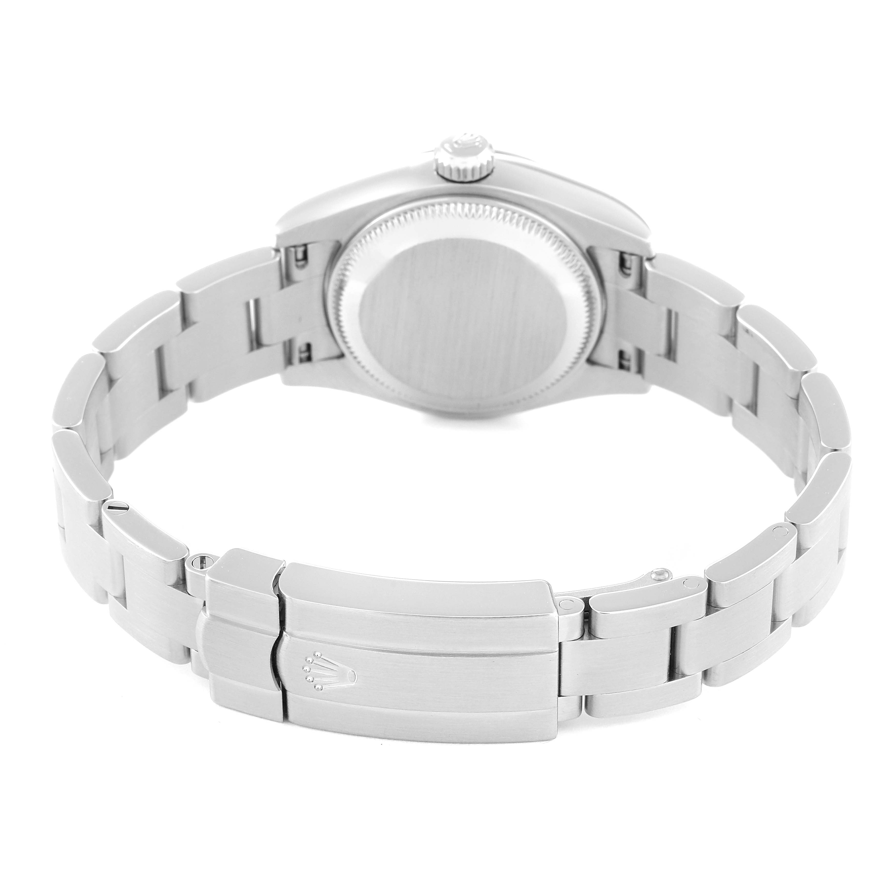 The image shows the back of the Rolex Oyster Perpetual 176234 Women's Stainless Steel Black Dial 176234 Women's Stainless Steel Black Dial watch, highlighting the case back and bracelet with clasp.