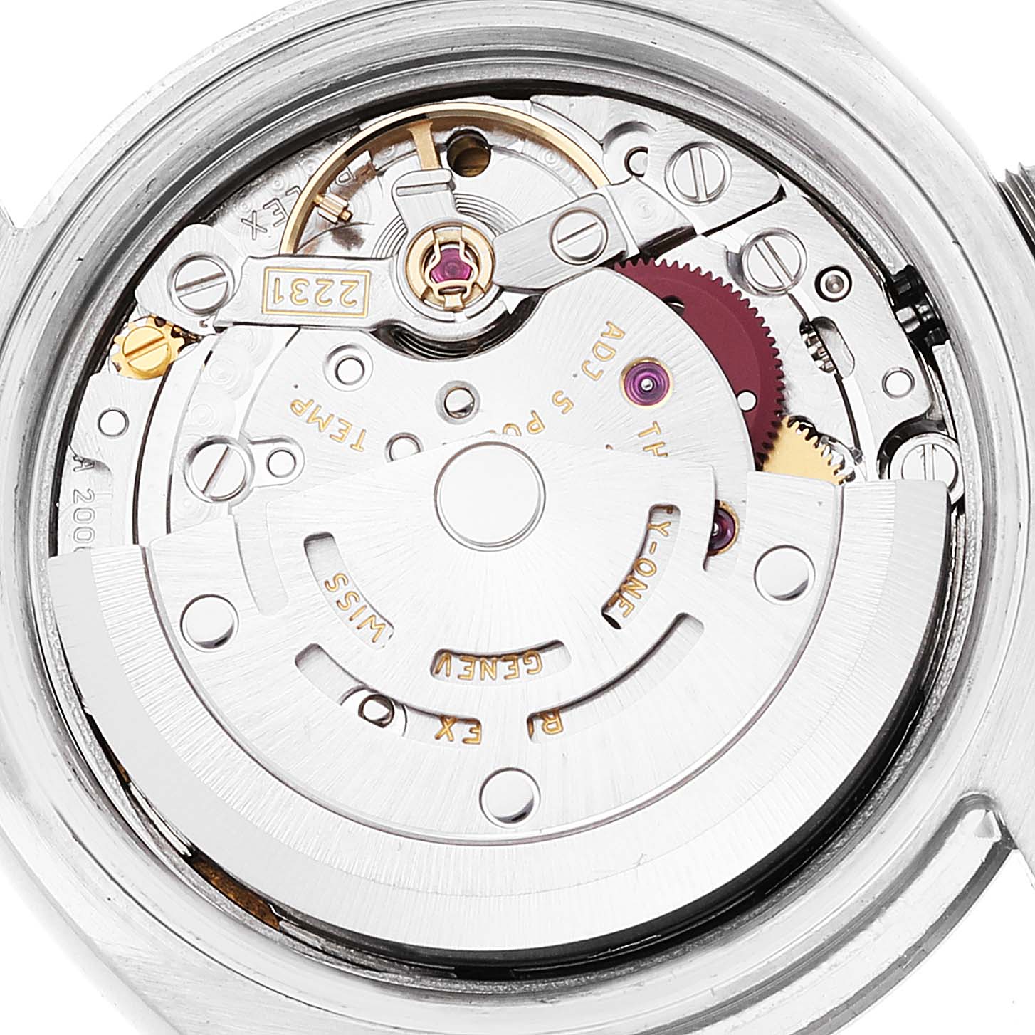 This image shows the internal mechanism and movement of the Rolex Oyster Perpetual 176234 Women's Stainless Steel Black Dial 176234 Women's Stainless Steel Black Dial watch from a back angle.