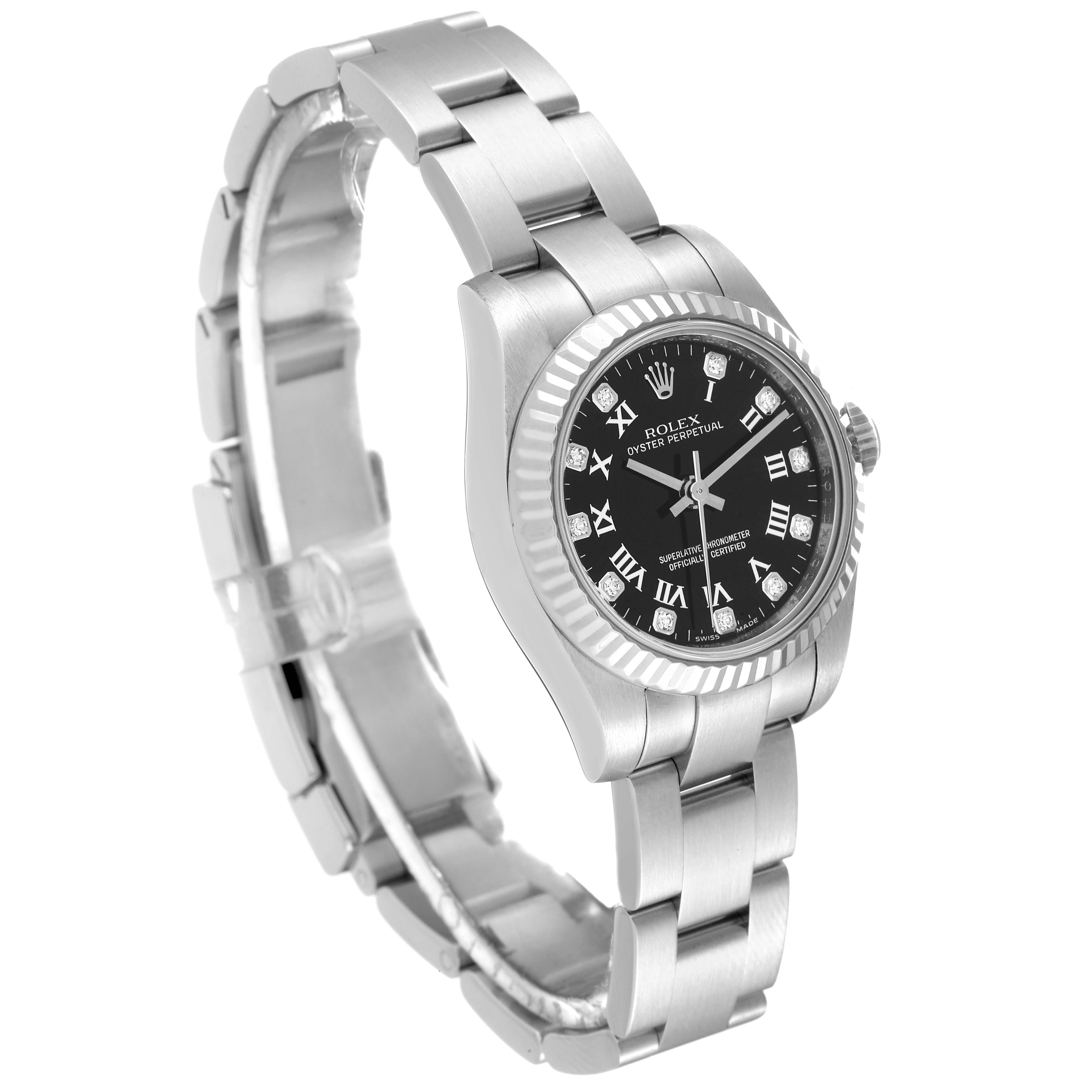 The image shows a Rolex Oyster Perpetual 176234 Women's Stainless Steel Black Dial 176234 Women's Stainless Steel Black Dial watch from an angled side view, highlighting the bracelet, dial, and bezel.