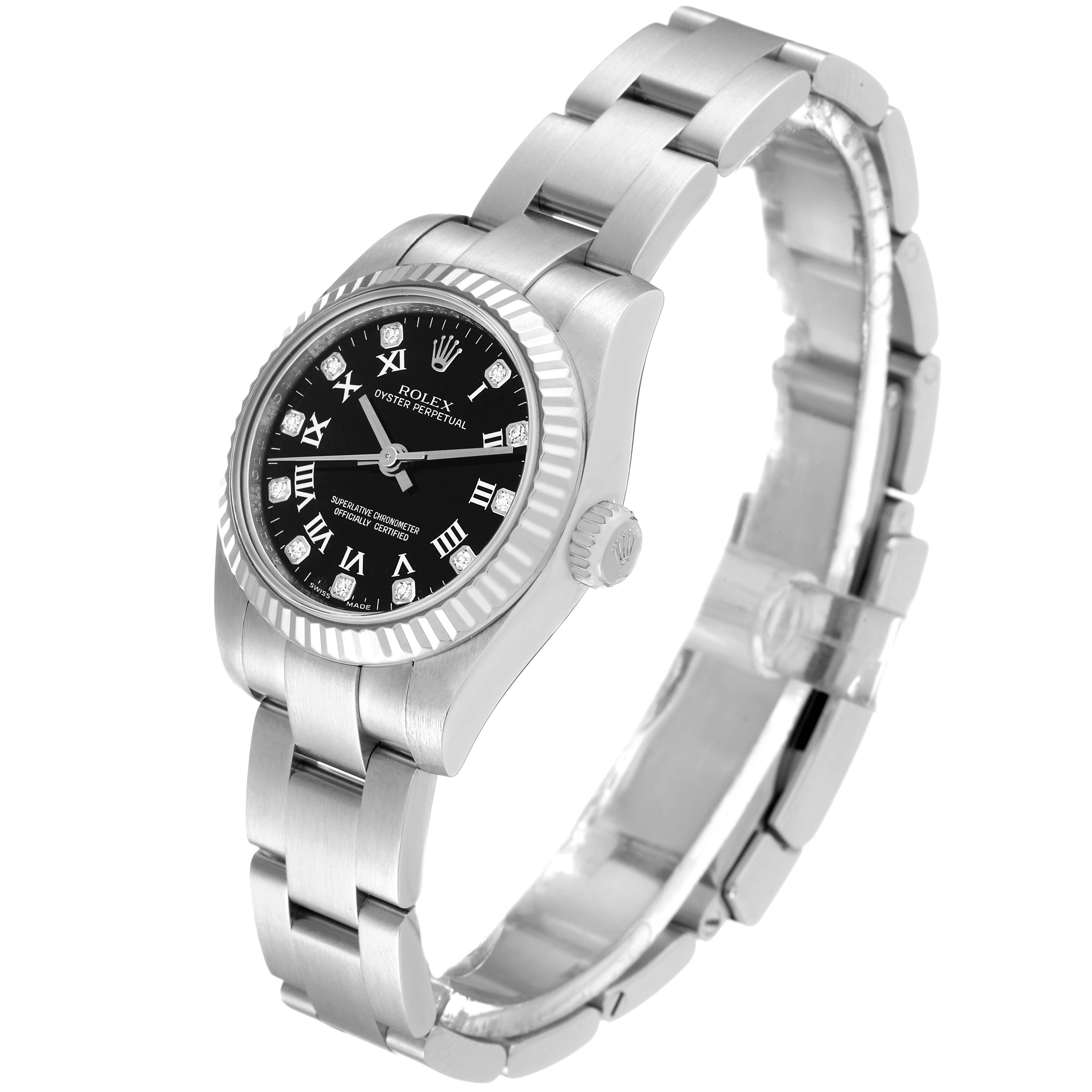 This image shows a Rolex Oyster Perpetual 176234 Women's Stainless Steel Black Dial 176234 Women's Stainless Steel Black Dial watch at an angled side view, highlighting the bracelet, bezel, and dial.