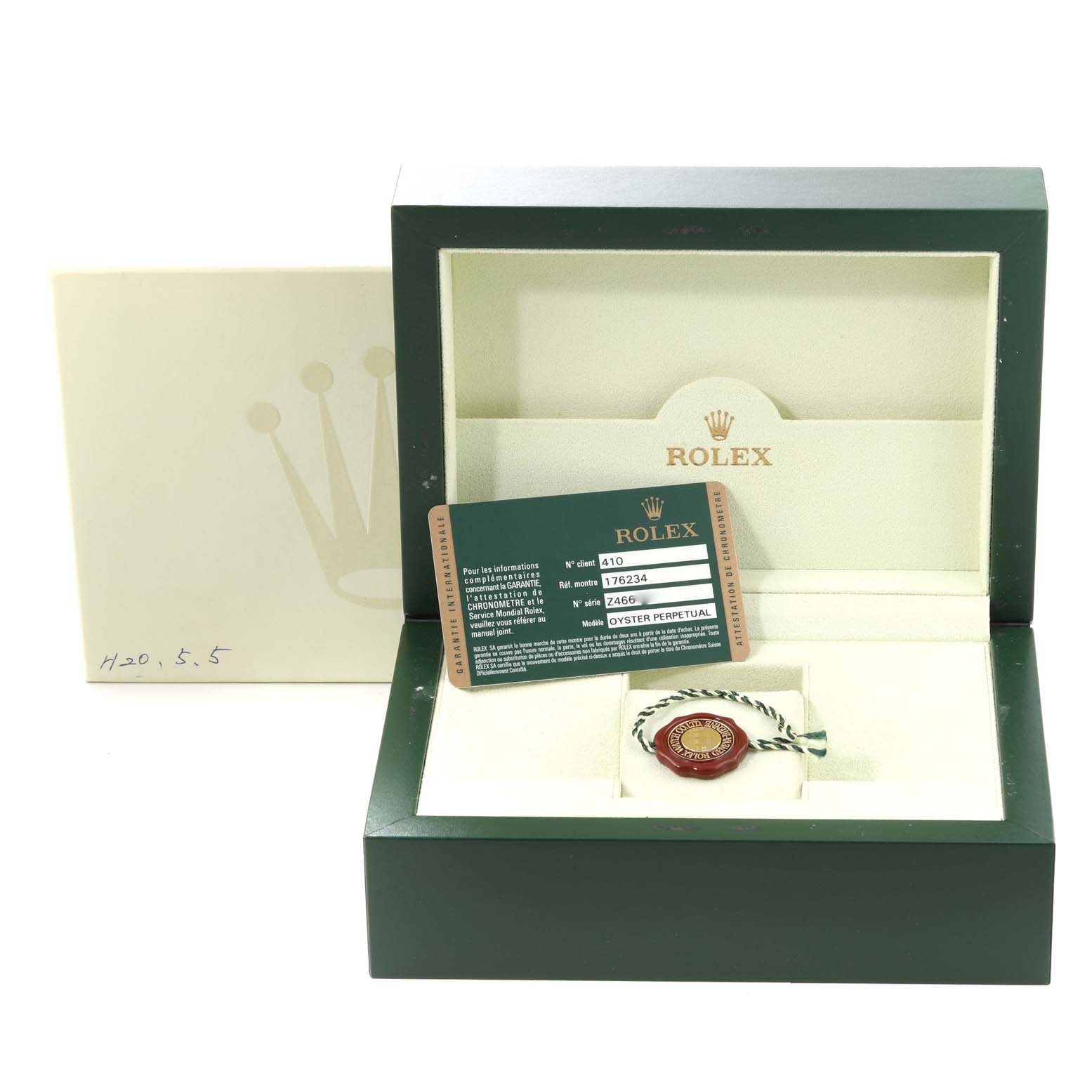 The image shows a Rolex Oyster Perpetual 176234 Women's Stainless Steel Black Dial 176234 Women's Stainless Steel Black Dial box, warranty card, and tag from a slightly elevated front angle.