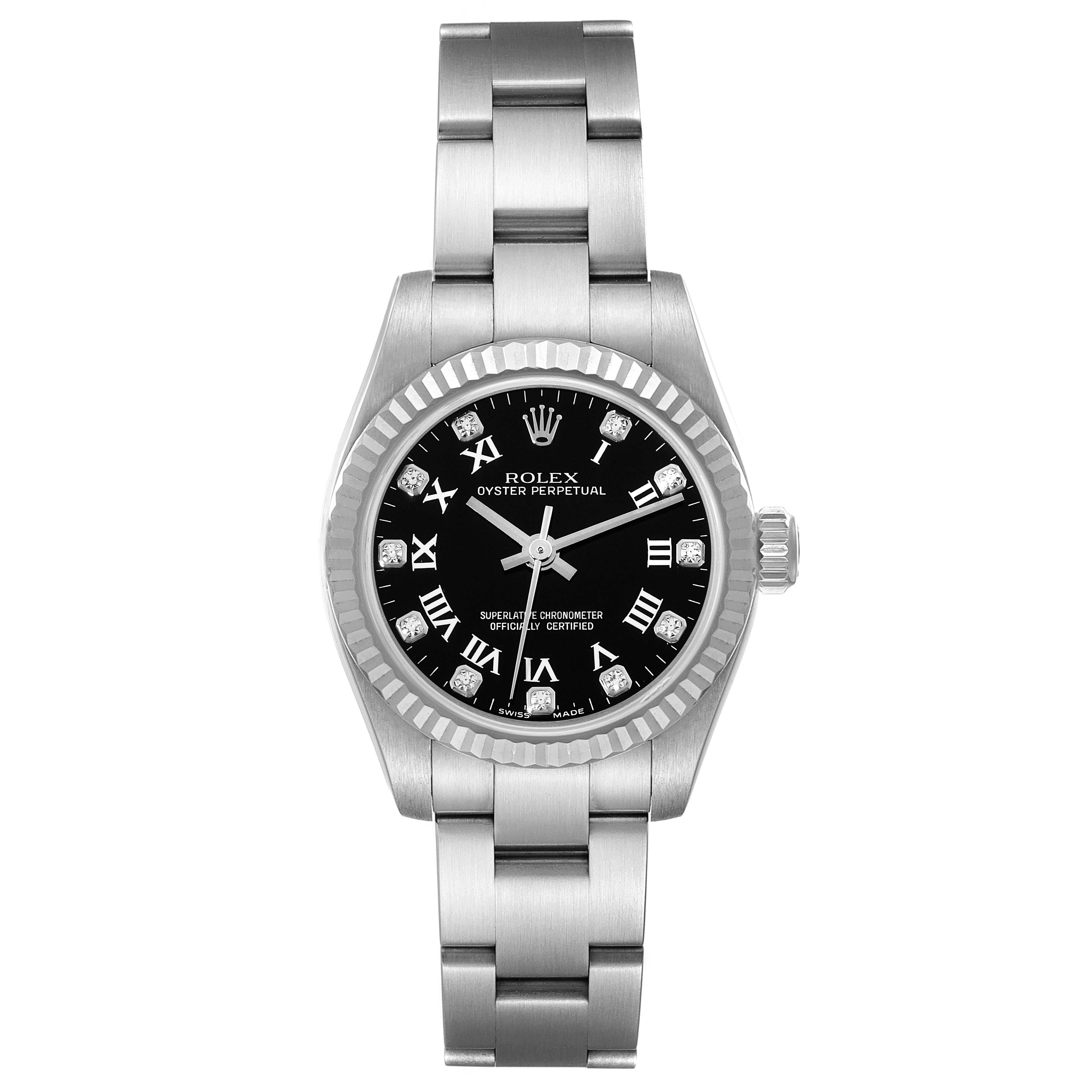 The image shows a front view of a Rolex Oyster Perpetual 176234 Women's Stainless Steel Black Dial 176234 Women's Stainless Steel Black Dial watch with a black dial and silver bracelet.