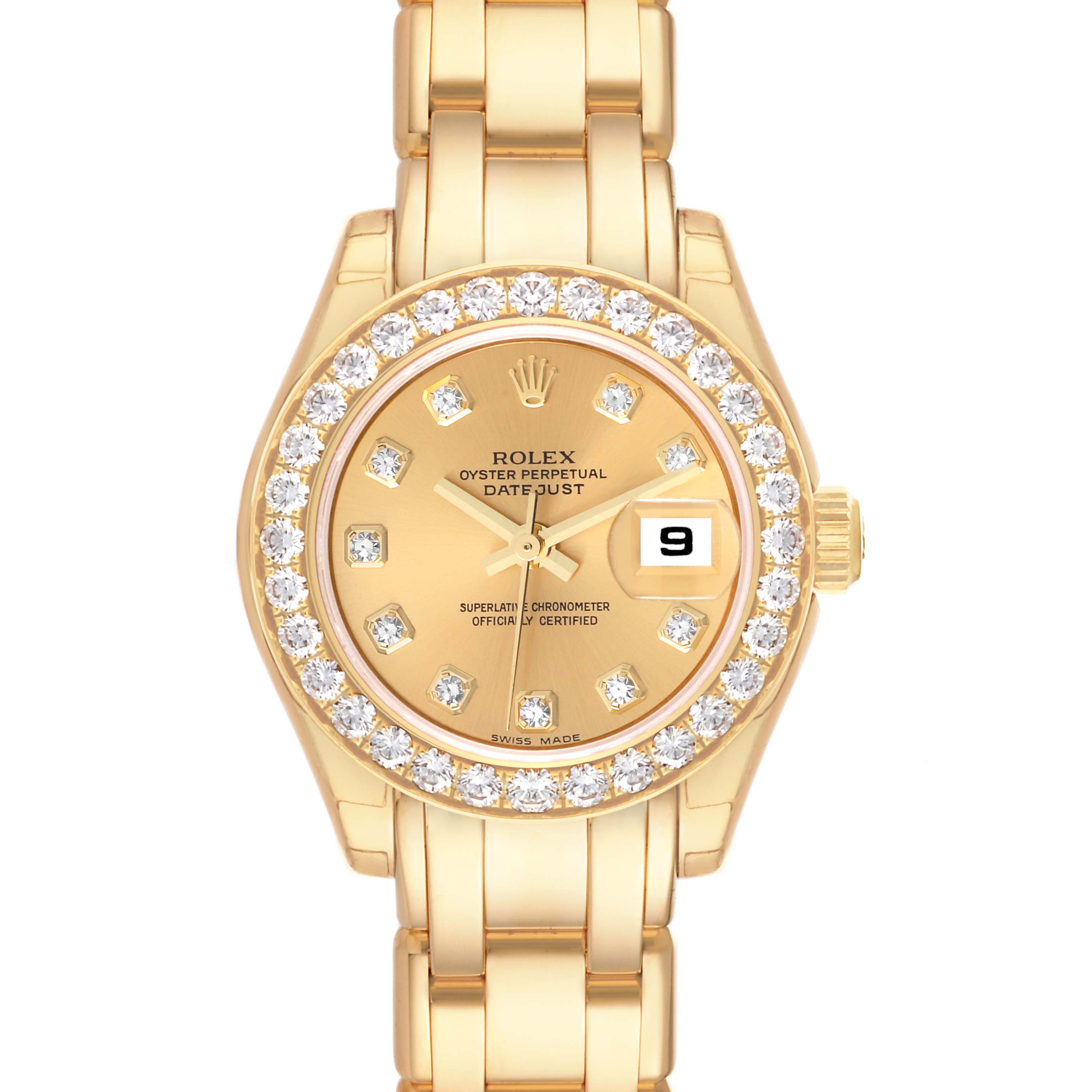 The image shows a front view of the Rolex Pearlmaster 80298 Women's Yellow Gold Champagne Dial 80298 Women's Yellow Gold Champagne Dial watch, highlighting its golden dial, diamond bezel, and date display.