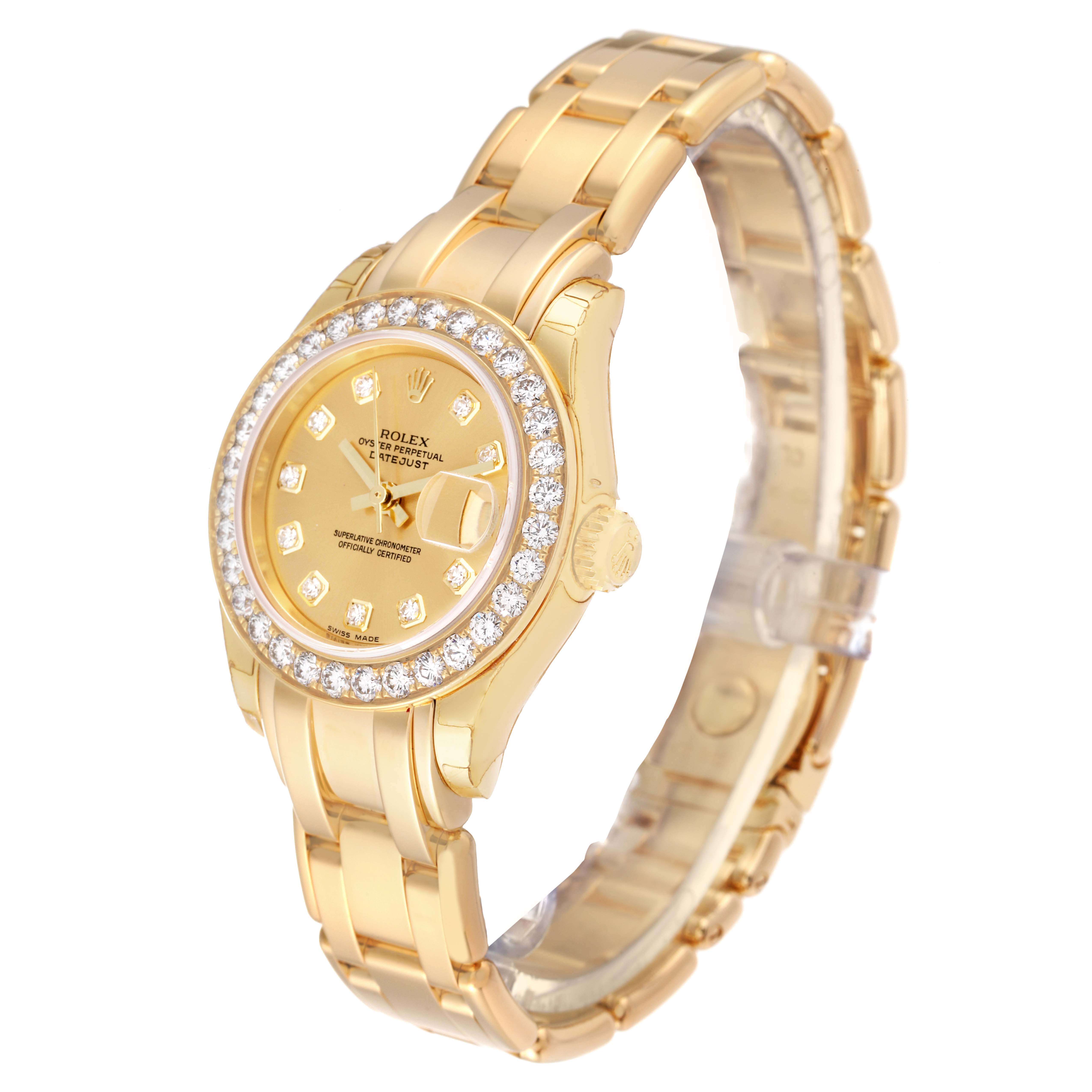 The Pearlmaster model by Rolex is shown at a three-quarter angle, displaying the gold bracelet, diamond bezel, and gold dial.