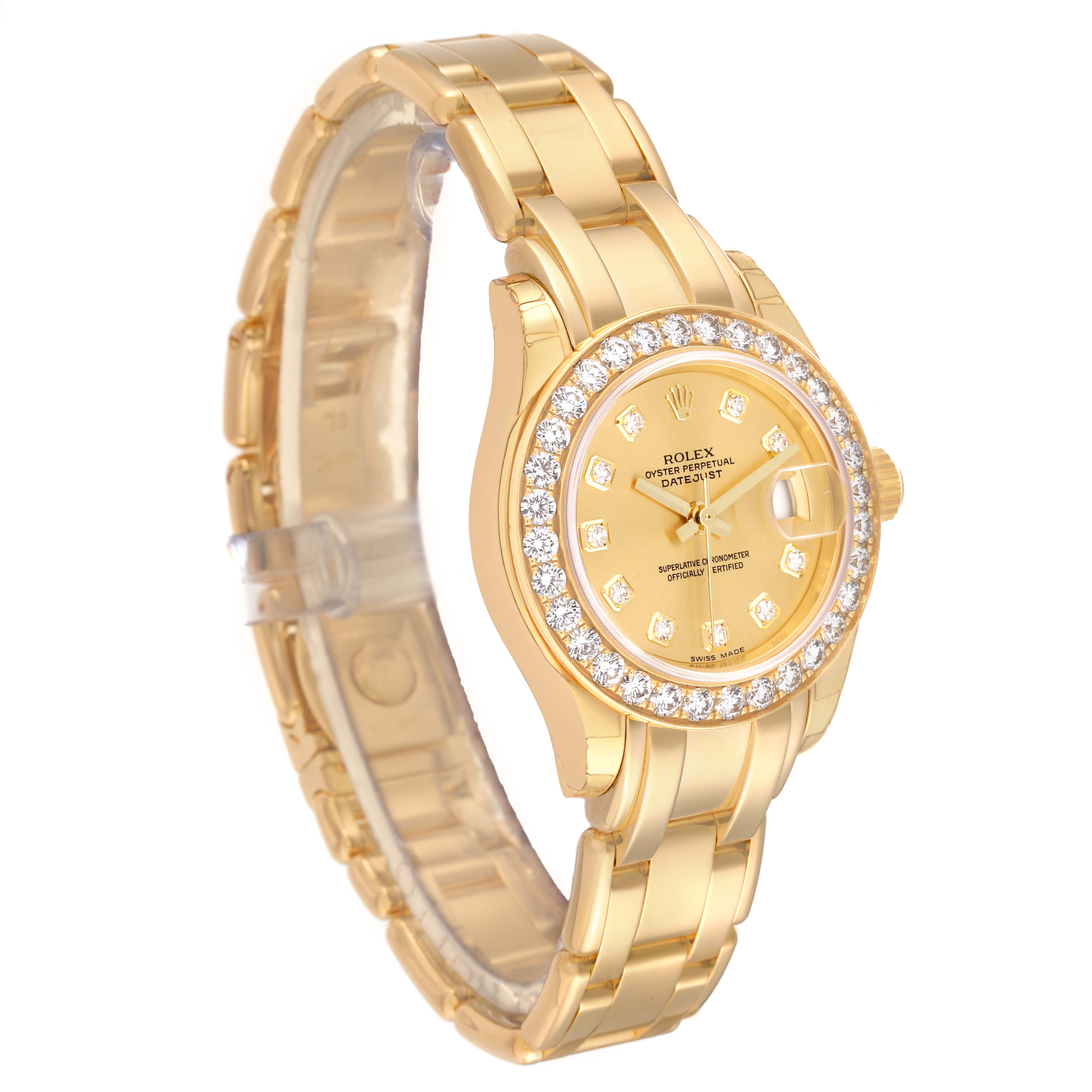 The image shows a Rolex Pearlmaster 80298 Women's Yellow Gold Champagne Dial 80298 Women's Yellow Gold Champagne Dial watch at a tilted angle, highlighting its gold bracelet, diamond-studded bezel, and dial.